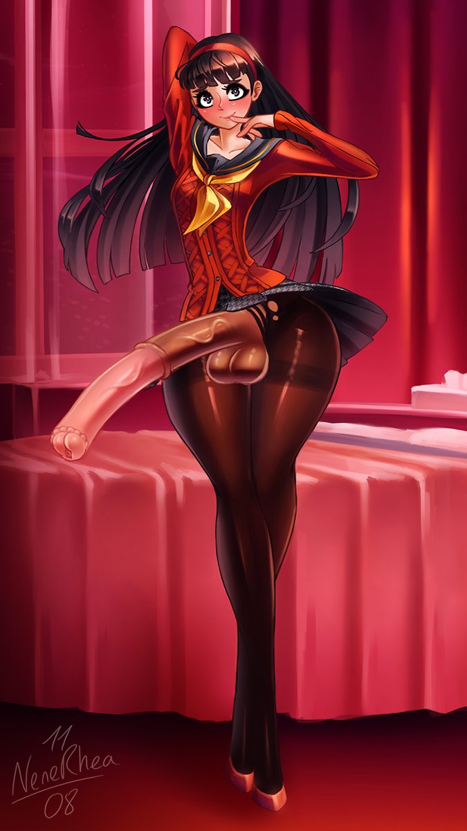 1futa, amagi yukiko, animal genitalia, balls, bangs, big balls, black hair, blush, blushing, blushing profusely, clothed, clothing, cock, equine penis, erection, futa only, futanari, horse penis, horsecock, horsecock futa, huge cock, huge penis, human with animal genitalia, human with horsecock, intersex, light skin, light-skinned futa, long hair, looking at viewer, mostly clothed, nenerhea, pale skin, pale-skinned futa, penis, persona, persona 4, simple background, solo, solo futa, standing, thick thighs