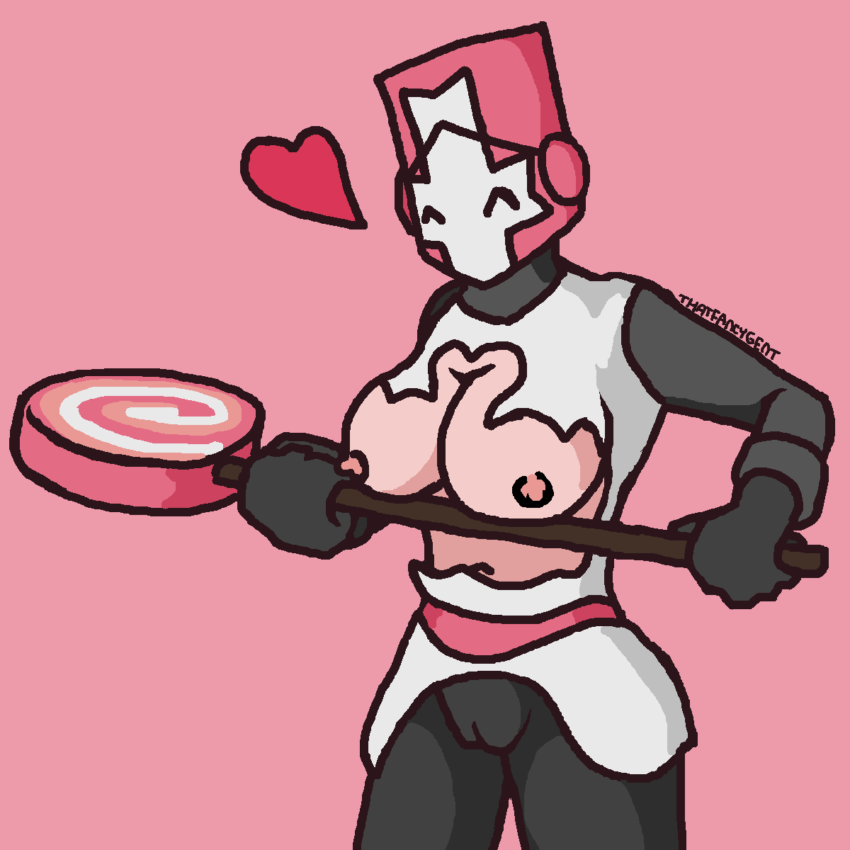 breasts castle_crashers cute heart helmet lollipop nipples pink_knight pink_theme ripped_clothing torn_clothes