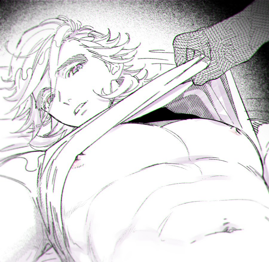 assisted_exposure demon_slayer douma kimetsu_no_yaiba kureten looking_at_viewer male male_only monochrome muscular muscular_male on_back pecs shirt_lift solo_focus spiky_hair thick_eyebrows upper_body