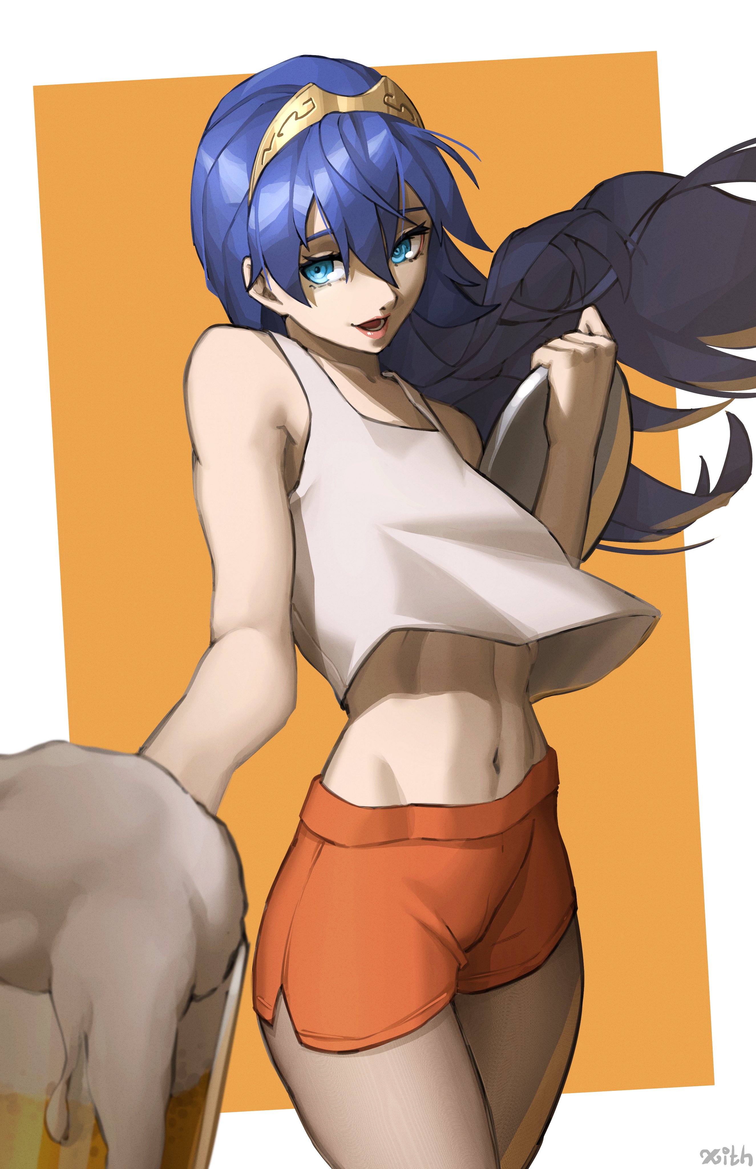 1girls, alcohol, alternate costume, bare midriff, beer, beer mug, blue eyes, blue hair, clothed, drink, female, fire emblem, fire emblem awakening, hooters, long hair, lucina (fire emblem), midriff, mug, nintendo, open mouth, orange background, pantyhose, seductive look, shorts, smile, solo, symbol-shaped pupils, tank top, tiara, waitress, x xith x