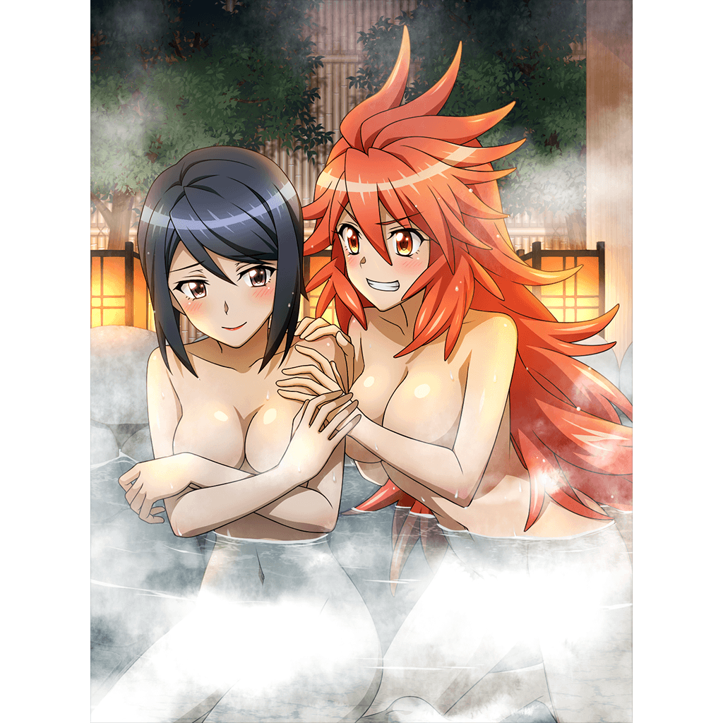 2girls amou_kanade artist_request black_hair blush breasts brown_eyes covering covering_breasts grin large_breasts long_hair looking_at_another multiple_girls navel nude official_art onsen orange_eyes red_hair senki_zesshou_symphogear shiny shiny_hair short_hair smile steam tomosato_aoi yuri