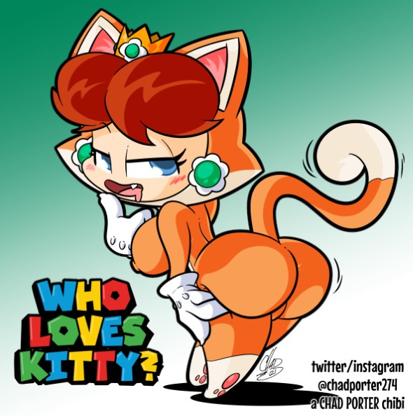 1girls ass big_ass blue_eyes brown_hair cat_daisy cat_ears cat_suit cat_tail chibi crown earrings erect_nipples erect_nipples_under_clothes hands_on_ass huge_ass mario_(series) nintendo nipples nipples_visible_through_clothing princess_daisy showing_ass showing_off super_mario_3d_world super_mario_bros. text