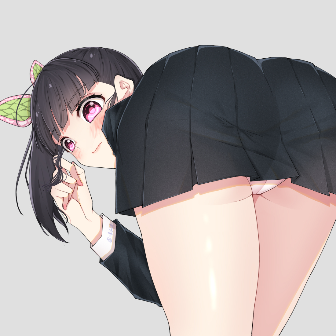 1girls, ass, ass focus, bangs, bent over, black hair, black-haired female, blush, butterfly hair ornament, clothing, demon slayer, embarrassed, female, female only, kimetsu no yaiba, long sleeves, looking at viewer, looking back, panties, pink eyes, pleated skirt, ponytail, presenting hindquarters, rokumi, side ponytail, solo, thick thighs, tsuyuri kanao, uniform, upskirt, white panties