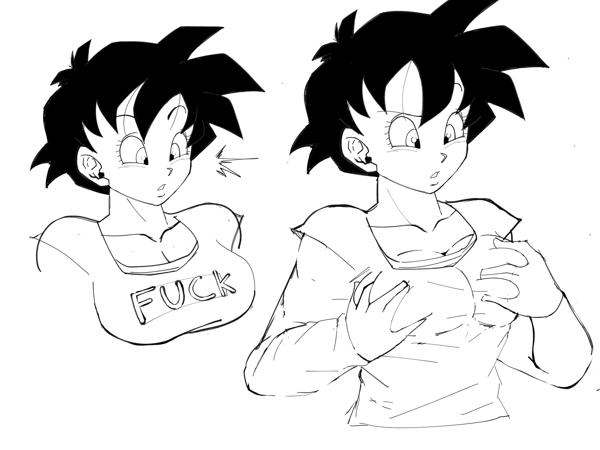 breast squeeze, breasts, dragon ball, dragon ball z, female, pseudocel, short hair, videl