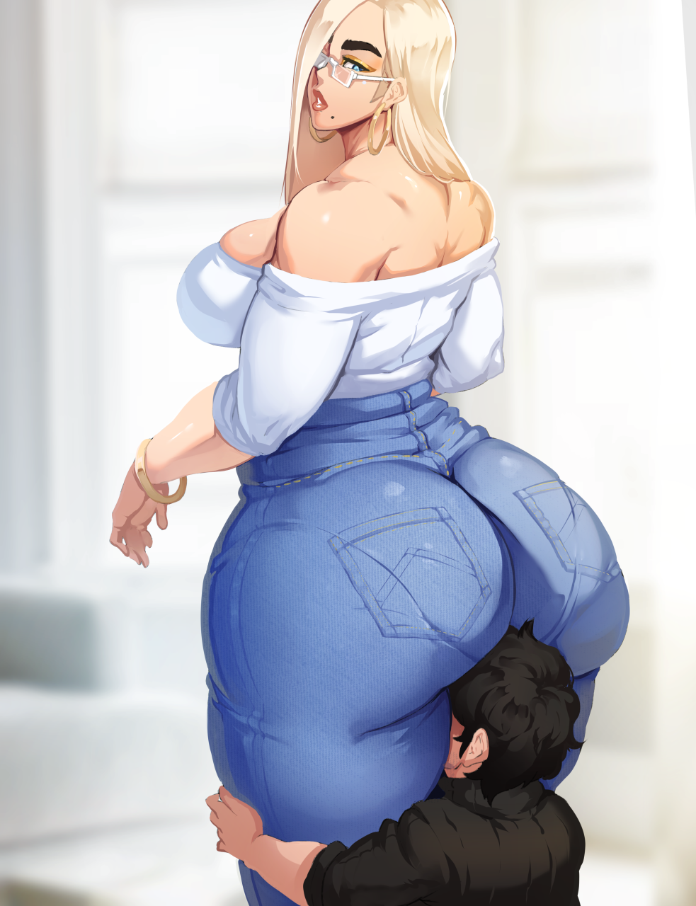 1boy 1futa ass ass_smothering breasts cleavage curvy denim denim_clothing denim_jeans donaught fajji futanari huge_ass huge_breasts jeans junya male original pawg thick_thighs venus_body voluptuous wide_hips