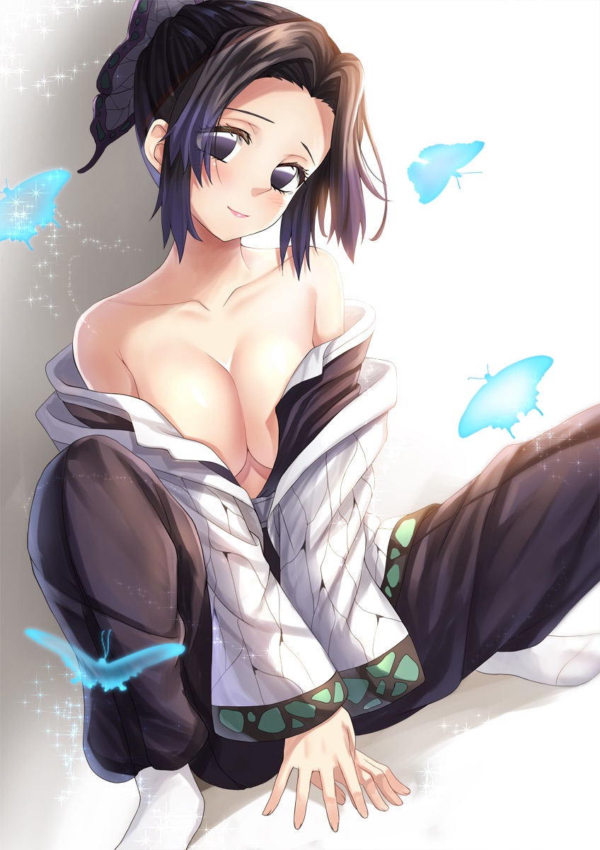 1girls, bare shoulders, big breasts, black hair, breasts, butterfly hair ornament, cleavage, clothing, covered nipples, demon slayer, female, female only, haori, kimetsu no yaiba, kochou shinobu, looking at viewer, no bra, no pupils, off shoulder, open shirt, purple eyes, purple hair, purple-haired female, sitting, smile, solo, toshi (1-147), two-tone hair