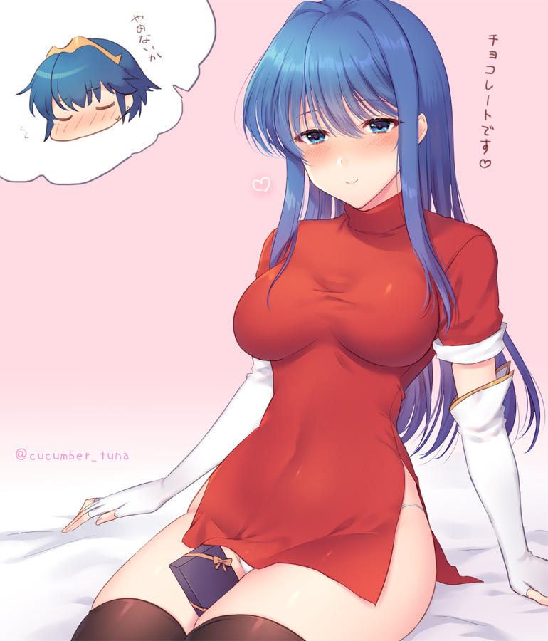 1boy 1girls awayuki_ramika bed_sheet between_legs black_legwear blue_eyes blue_hair blush box breasts caeda_(fire_emblem) chibi chibi_inset closed_mouth commentary covered_navel cowboy_shot dress elbow_gloves eyebrows_visible_through_hair female fingerless_gloves fire_emblem fire_emblem:_mystery_of_the_emblem fire_emblem:_shadow_dragon_and_the_blade_of_light gift gift_box gloves gradient gradient_background hair_between_eyes heart japanese_text long_hair looking_at_viewer marth_(fire_emblem) medium_breasts nintendo panties panty_peek panty_straps pantyshot pink_background red_dress short_dress short_sleeves side_slit sidelocks simple_background sitting skindentation smile solo_focus straight_hair taut_clothes taut_dress teasing thighhighs thighs thong translation_request turtleneck_dress twitter_username underwear upskirt white_gloves white_panties