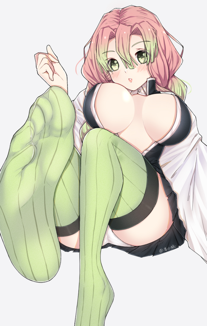 1girls, bangs, big breasts, blush, braided hair, breasts, clothing, covered nipples, demon slayer, female, female only, foot fetish, foot focus, green eyes, haori, kanroji mitsuri, kimetsu no yaiba, looking at viewer, mole under eye, no bra, open shirt, panties, pink hair, pink-haired female, pleated skirt, rokumi, sitting, socks, soles, solo, thick thighs, thighhighs, toes, two-tone hair, unbuttoned shirt, uniform, white panties
