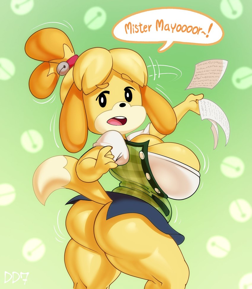 1girls, alternate breast size, animal crossing, anthro, ass, big breasts, breasts, cleavage, daredemon7000, english text, feet out of frame, female, female only, fur, furry, furry only, holding paper, isabelle (animal crossing), muscular, muscular legs, muscular thighs, nintendo, no humans, paper, papers, skirt, solo, tagme, tail, text, thick thighs, thighs, yellow body