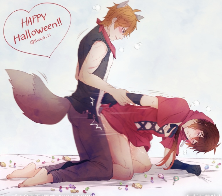 2boys, anal, anal sex, childe (genshin impact), costume, from behind, gay, genshin impact, halloween, halloween costume, male, male only, male/male, tartaglia (genshin impact), white background, yaoi, zhongli (genshin impact)