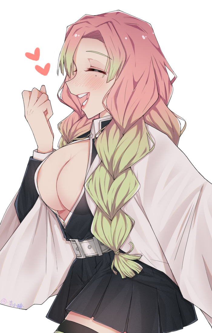 1girls, areola slip, bangs, big breasts, blush, braided hair, breasts, cleavage, closed eyes, clothing, demon slayer, female, female only, gradient hair, haori, kanroji mitsuri, kimetsu no yaiba, long sleeves, looking at viewer, mole under eye, no bra, open mouth, open shirt, pink hair, pink-haired female, pleated skirt, revealing clothes, rokumi, smile, solo, thighhighs, two-tone hair, unbuttoned shirt, uniform