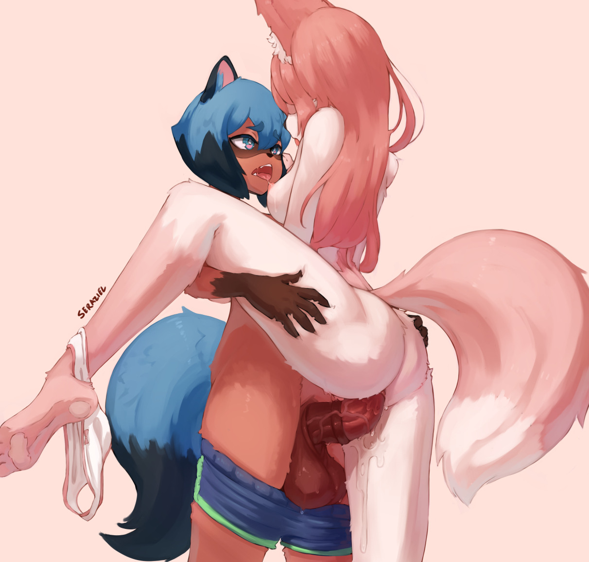 1futa, 1girls, after sex, animal genitalia, animal penis, anthro, areolae, ass, balls, big balls, big penis, brand new animal, breasts, clothing, cum, cum in pussy, cum inside, duo, equine penis, erection, female, furry, futa on female, futanari, horse penis, horsecock, horsecock futa, intersex, michiru kagemori, nazuna hiwatashi, nipples, nude, penis, pussy, seraziel, spread legs, standing, testicles