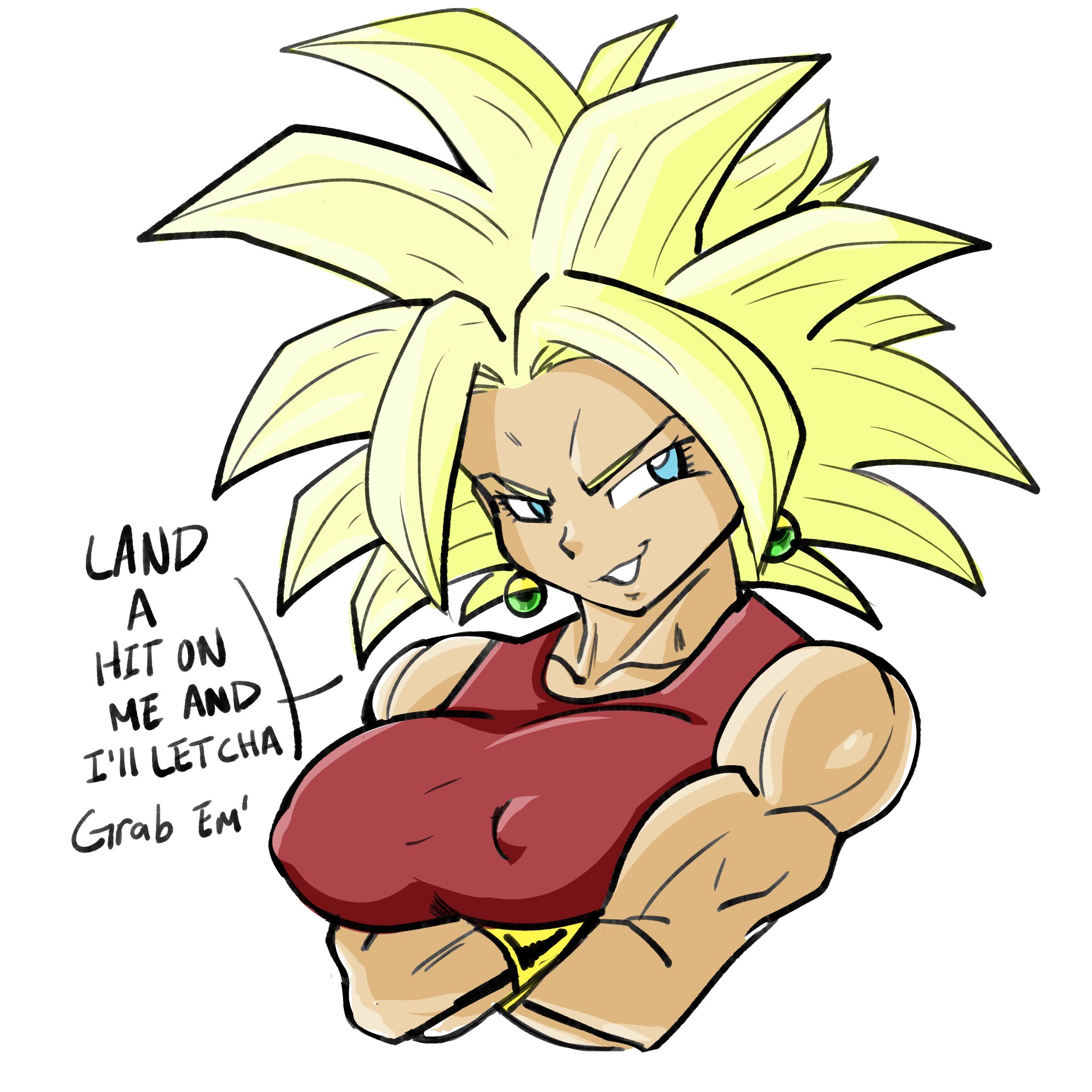arms crossed, arms crossed under breasts, big breasts, breasts, dialogue, dragon ball, dragon ball super, female, female only, female saiyan, kefla, legendary super saiyan, muscles, muscular, muscular female, pseudocel, saiyan, solo, solo female, super saiyan, universe 6 saiyan/universe 7 saiyan, universe 6/universe 7