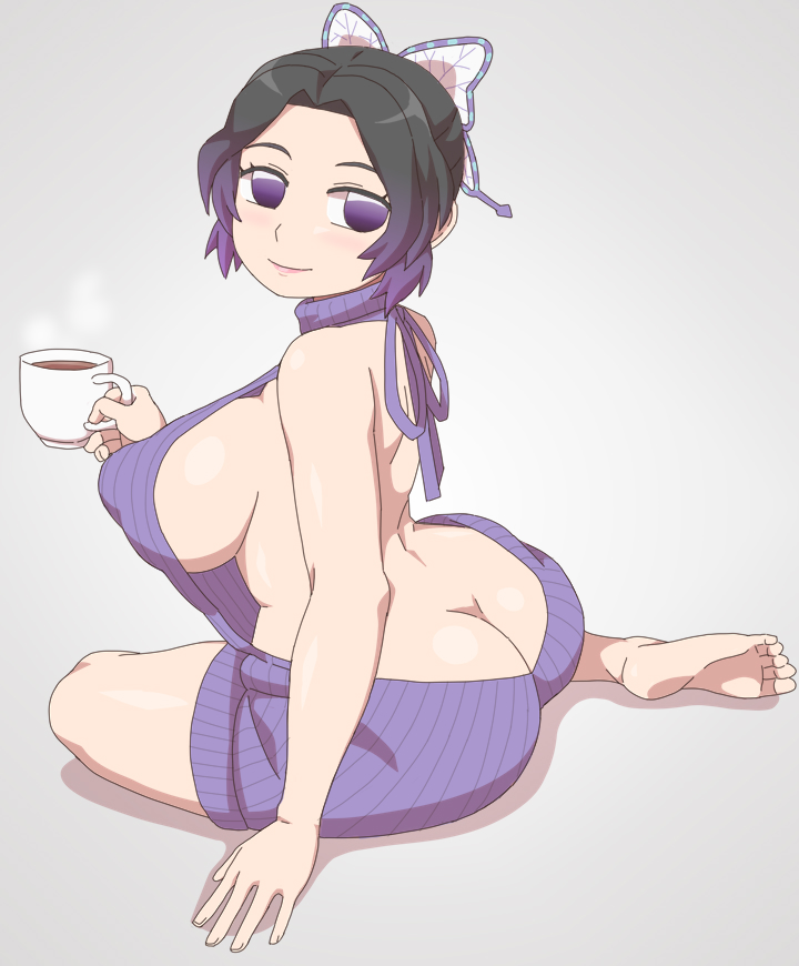1girls, alternate costume, ass, ass cleavage, ass crack, barefoot, big ass, big breasts, black hair, breasts, butt crack, butterfly hair ornament, coffee mug, demon slayer, female, female only, huge breasts, kabeume, kimetsu no yaiba, kochou shinobu, looking back, nipple bulge, purple eyes, purple hair, purple-haired female, revealing clothes, sideboob, sitting, sleeveless, smile, soles, solo, sweater, sweater dress, teacup, turtleneck, two-tone hair, virgin killer sweater