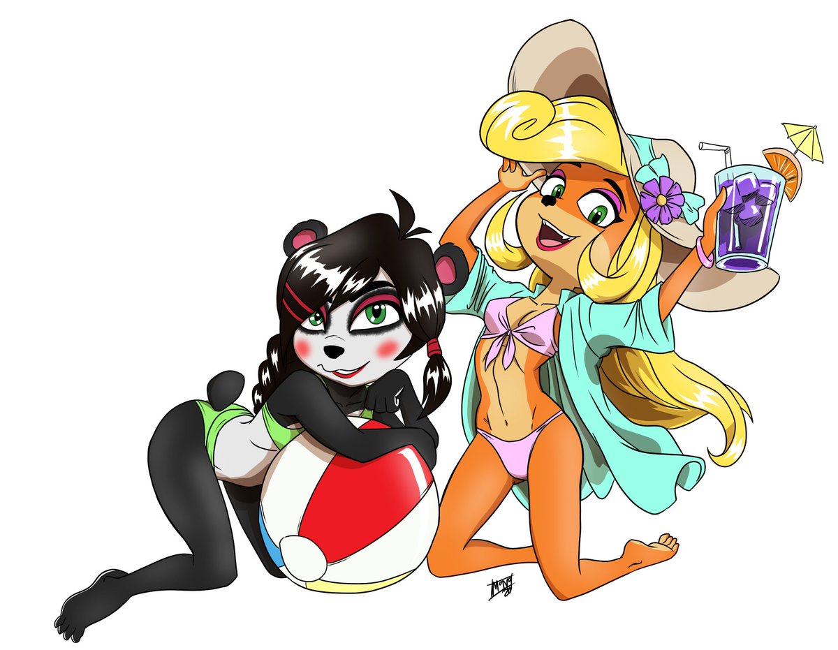 2girls activision anthro bandicoot barefoot beach_ball bikini black_hair blonde_hair blush coco_bandicoot crash_(series) drink duo duo_female feet female female_only fur furry green_eyes long_hair makeup mammal monophos panda suggestive sunhat swimsuit video_games yaya_panda