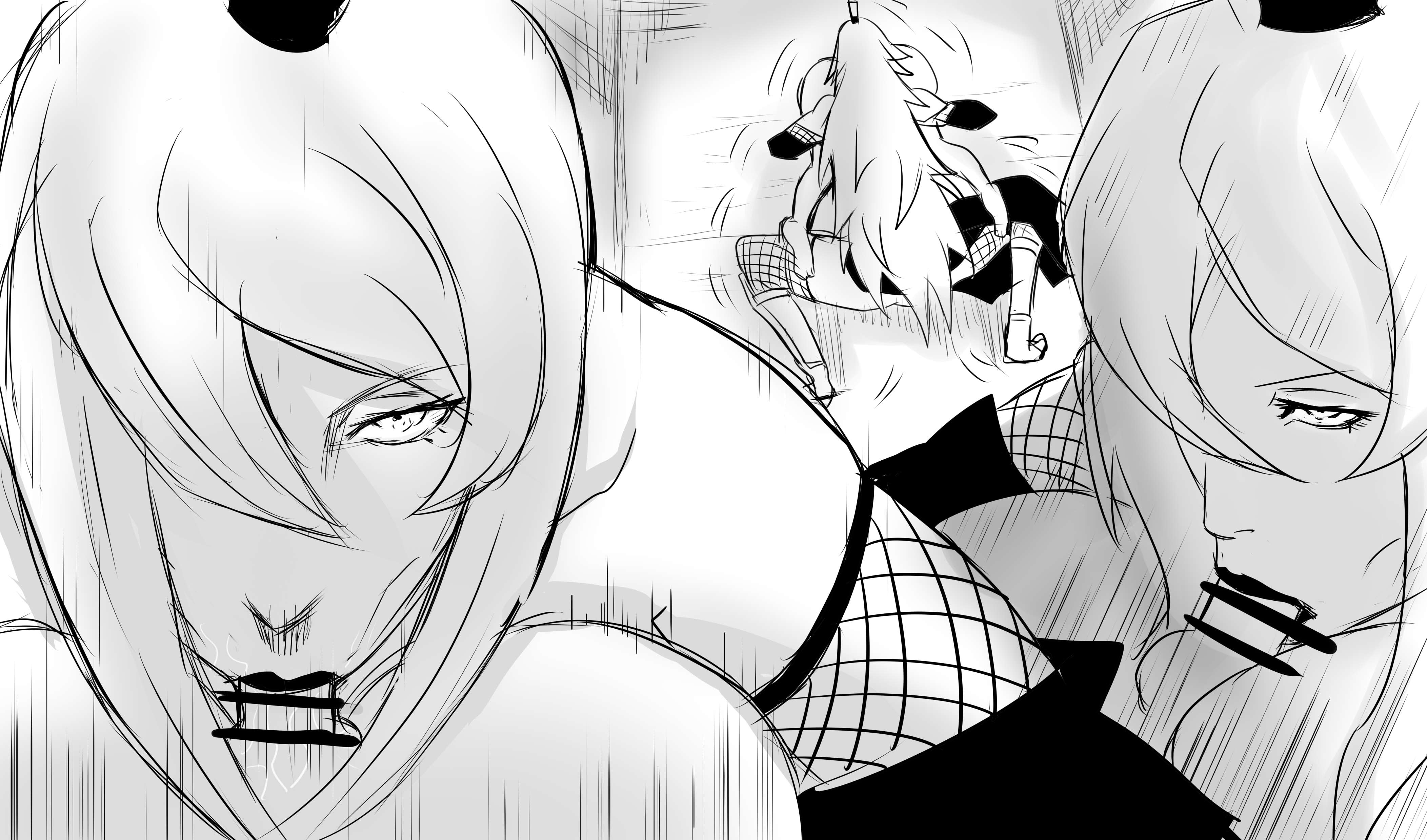 1boy, 1girls, ass, bar censor, bent over, censor bar, censored, clothed female nude male, clothed sex, fellatio, female, femdom, glory wall, hair over one eye, lipstick, makeup, male, mei terumi, monochrome, multiple views, naruto, naruto (series), naruto shippuden, nier (artist), oral, partial male, penis, penis in mouth, small penis, small penis fellatio, squatting, tied hair, topknot, trapped, trembling, voluptuous