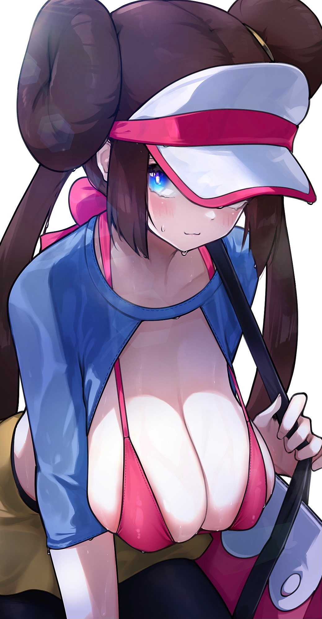 1girls 2021 alternate_breast_size bag bikini_top blue_eyes blush breasts brown_hair female female_focus female_only hat hizake holding_object huge_breasts kashu_(hizake) leggings long_hair looking_at_viewer nintendo pink_bikini_top pokemon pokemon_bw2 rosa_(pokemon) short_skirt simple_background sitting skirt smile sweat sweaty_body thick_thighs thighs tights twin_buns twintails visor visor_cap white_background white_hat yellow_skirt