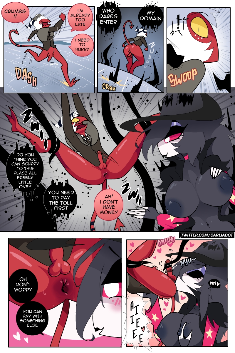 2021, anal, anthro, anus, avian, big breasts, bird, blush, breasts, carliabot, cheating, cheating husband, closed eyes, comic, demon, dialogue, english text, female, female rimming male, genitals, heart, helluva boss, hi res, humanoid, humanoid on anthro, imp, male, male anilingus, male/female, moxxie (helluva boss), nipples, octavia (helluva boss), open mouth, oral, owl, owl demon, penis, rimjob, rimming, rimming male, sex, text