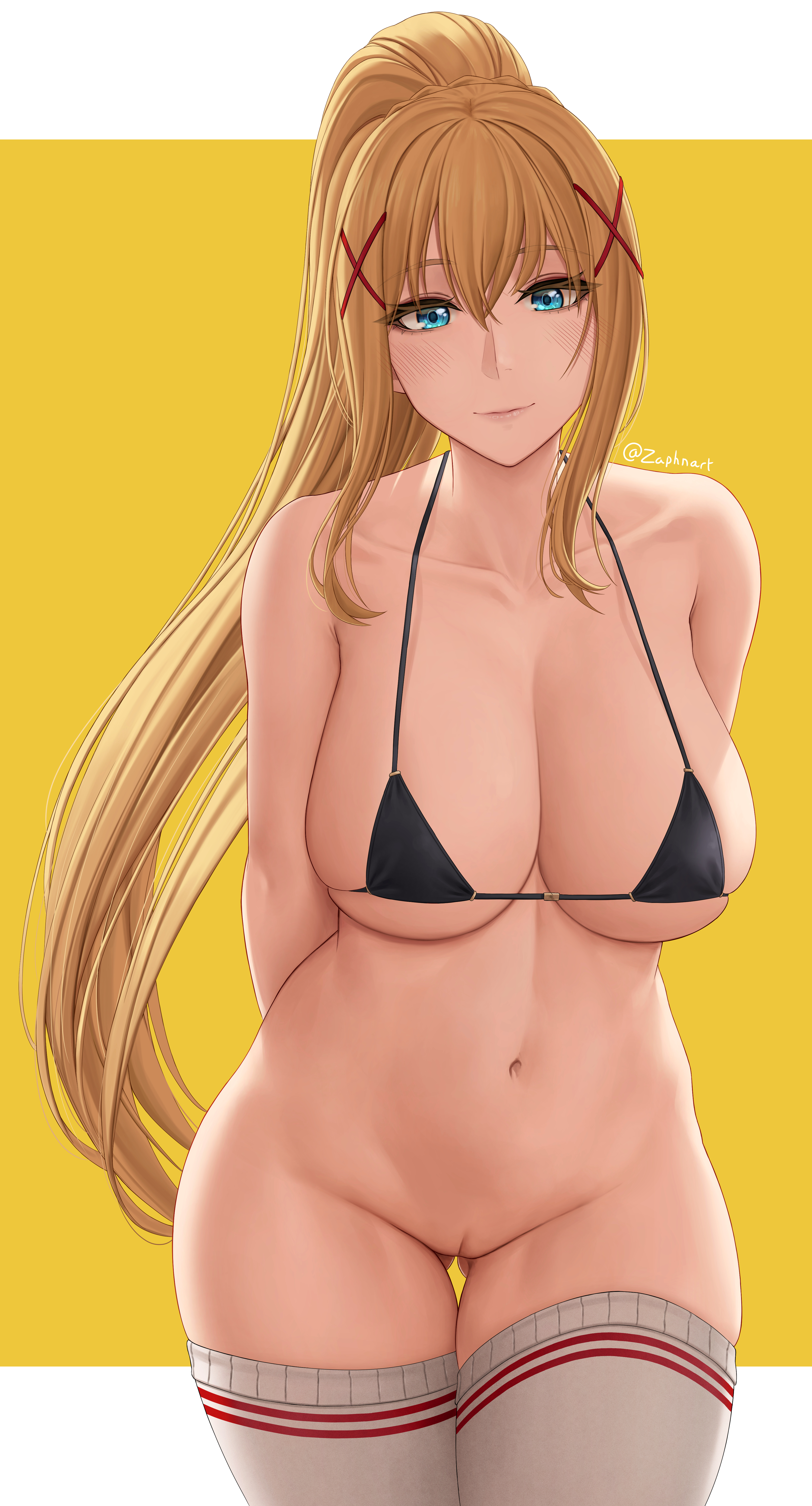 1girls, aqua eyes, archway of venus, arms behind back, bangs, bare shoulders, belly, belly button, big breasts, bikini, black bikini, black swimsuit, blonde hair, blue eyes, blunt bangs, blush, border, bottomless, breasts, cameltoe, cleavage, closed mouth, cowboy shot, curvaceous, curvy, curvy figure, darkness (konosuba), dirty blonde, dirty blonde hair, double v, eye contact, eyebrows visible through hair, eyelashes, female, female only, gluteal fold, hair between eyes, hair ornament, hi res, high ponytail, highleg, highleg bikini, highleg swimsuit, highres, hourglass figure, huge breasts, image, kono subarashii sekai ni shukufuku wo!, large breasts, light skin, light-skinned female, long hair, looking at viewer, micro bikini, navel, pink lips, pose, posing, pussy, revealing clothes, sandy blonde, sandy blonde hair, side-tie bikini, sideboob, sidelocks, simple background, sling bikini, smirk, socks, solo, standing, string bikini, swimsuit, thick thighs, thigh gap, thighhighs, thighs, tied hair, underboob, v, very long hair, white border, white legwear, wide eyed, wide hips, x hair ornament, yellow background, zaphn