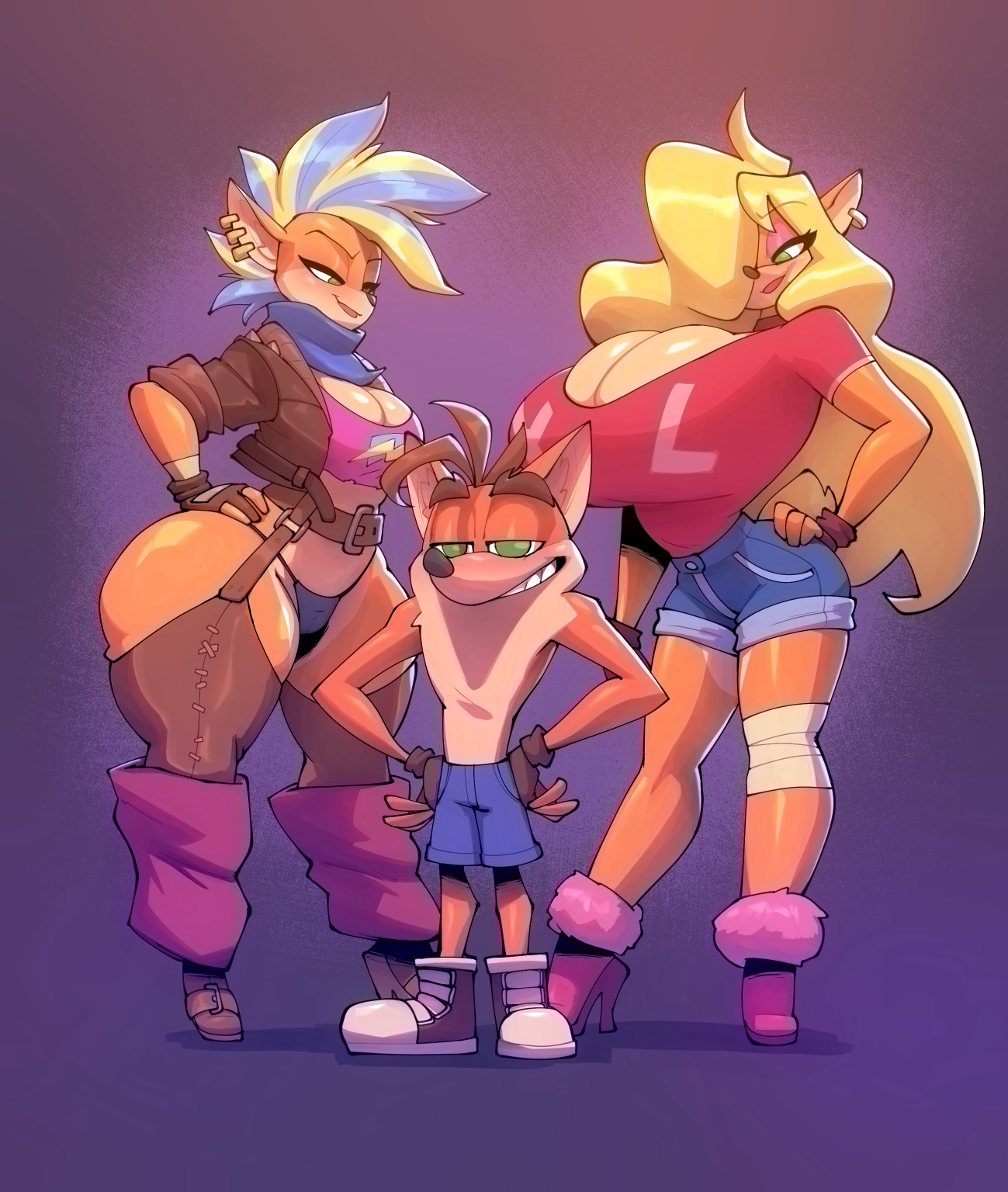 1boy, 2021, 2d, 2girls, activision, anthro, ass bigger than breasts, ass size difference, ass vs breasts, big ass, big breasts, bigdad, black panties, blonde hair, bottom heavy, breast size difference, breasts, breasts bigger than ass, clothed, clothing, counterpart, crash (series), crash bandicoot, crash bandicoot (series), curvaceous, curvy, curvy figure, female, fur, furry, furry only, huge ass, huge breasts, huge thighs, large ass, large breasts, larger female, male, multicolored hair, panties, pirate tawna, punk, punk hair, punkypanda, size difference, smaller male, smug, tail, tawna bandicoot, tawna bandicoot (crash 4), thick thighs, thighhighs, thighs, thunder thighs, top heavy, trio, two-tone hair, wide hips