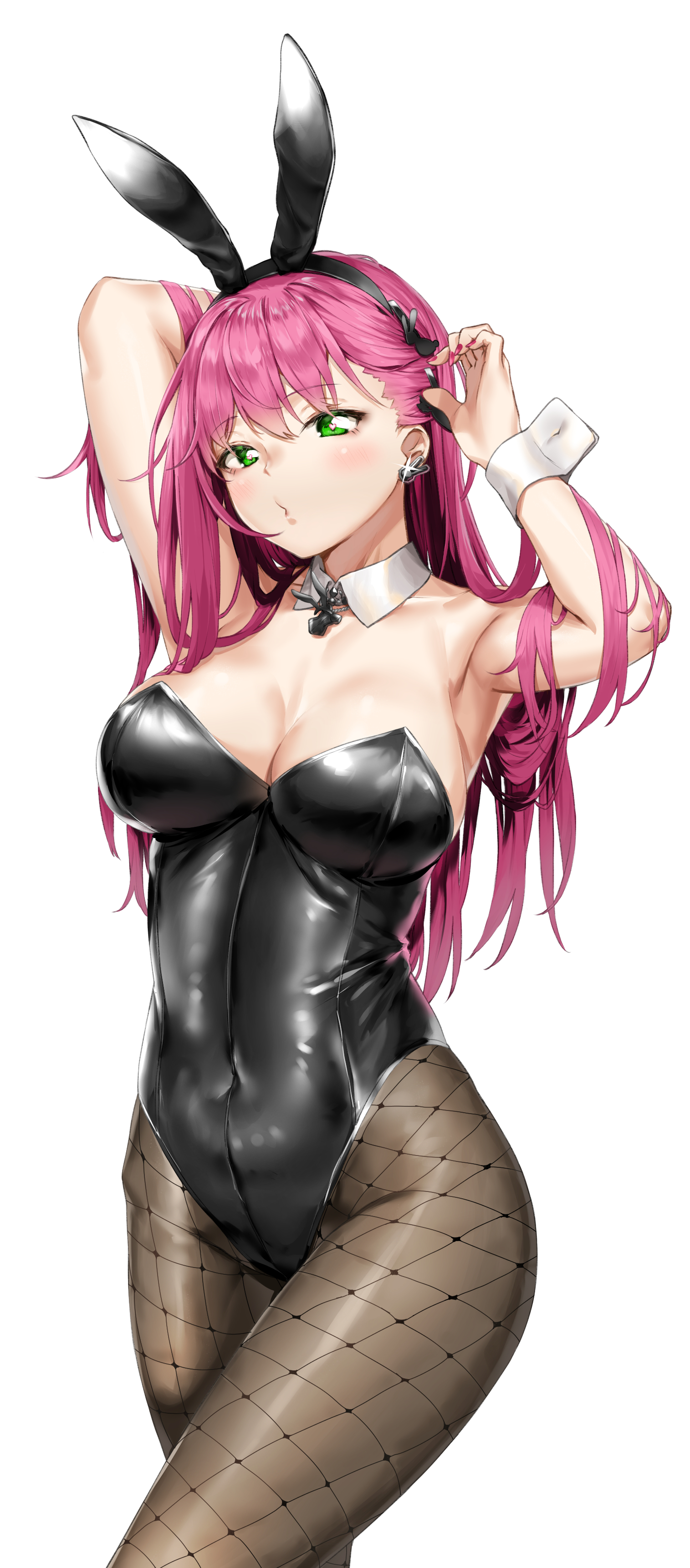 1girls, 2021, absurdres, alternate version available, animal ears, arms behind head, azur lane, black leotard, blush, breasts, bunny, cleavage, collarbone, commentary request, covered navel, cowboy shot, crossed legs, detached collar, eagle union (azur lane), eyebrows visible through hair, fake animal ears, female, female focus, female only, fishnet legwear, fishnets, glint, green eyes, hair between eyes, heart, heart-shaped pupils, highres, jewelry, large breasts, leotard, light skin, light-skinned female, long hair, looking at viewer, memphis (azur lane), nail polish, necklace, pantyhose, pink hair, pink nails, pixel (yuxian), playboy bunny, puckered lips, rabbit ears, shiny, shiny clothes, simple background, solo, symbol-shaped pupils, wrist cuffs