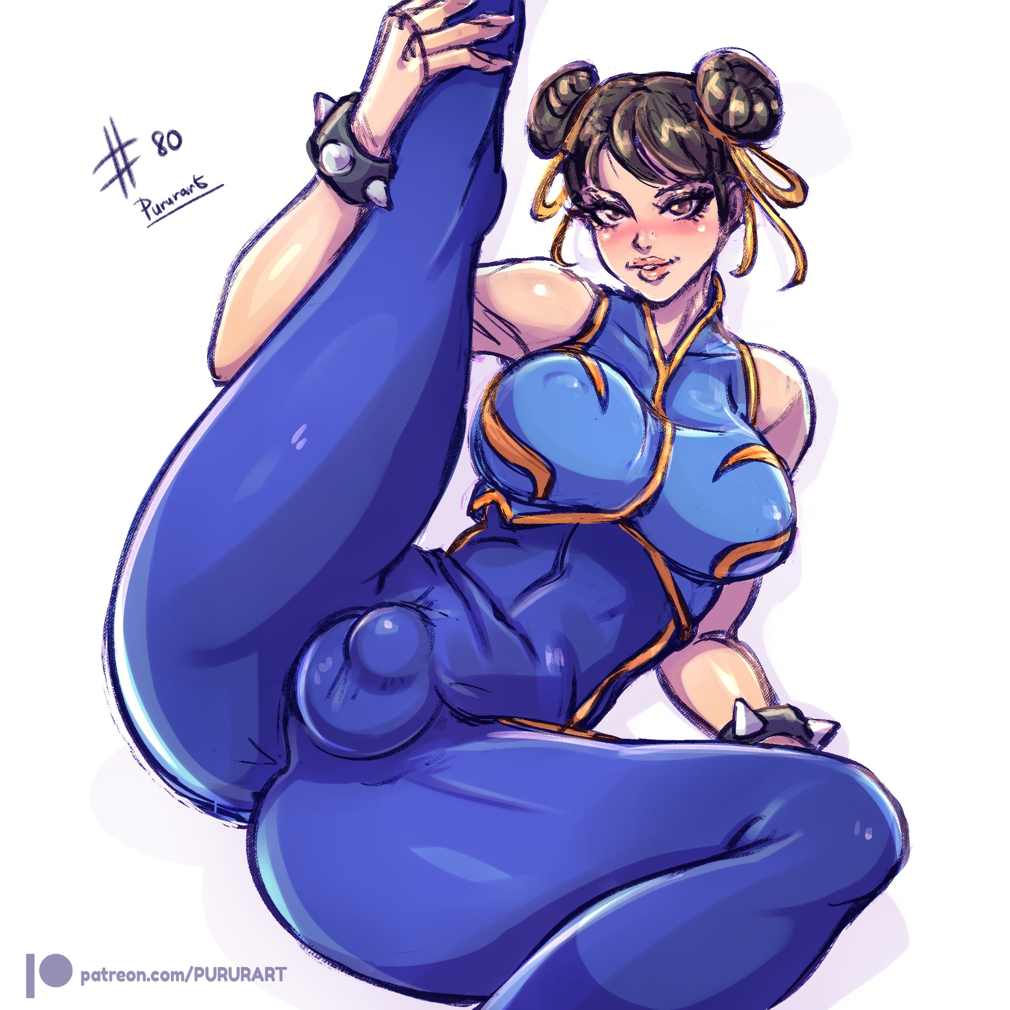 1futa, ass, balls, balls bulge, balls under clothes, big breasts, breasts, bulge, chun-li, cleavage, clothed, clothing, dickgirl, flaccid, fully clothed, futa only, futa sans pussy, futanari, human, intersex, large ass, large breasts, leg grab, leg lift, leg up, light skin, light-skinned futa, looking at viewer, pale skin, penis, penis bulge, penis under clothes, pururart, solo, spread legs, street fighter, taint, thick thighs, wide hips