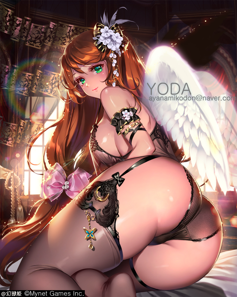 1girls, 2021, artist name, ass, ass focus, ayanamikodon, bed, big ass, black bra, black garter straps, black legwear, black panties, black stockings, bra, breasts, female, female focus, female only, garter straps, green eyes, hair ornament, legwear, long hair, looking at viewer, looking back, lying, lying on bed, lying on side, orange hair, original, original character, panties, sideboob, solo, solo female, stockings, thick thighs, thighs, underwear, very long hair, white wings, wings