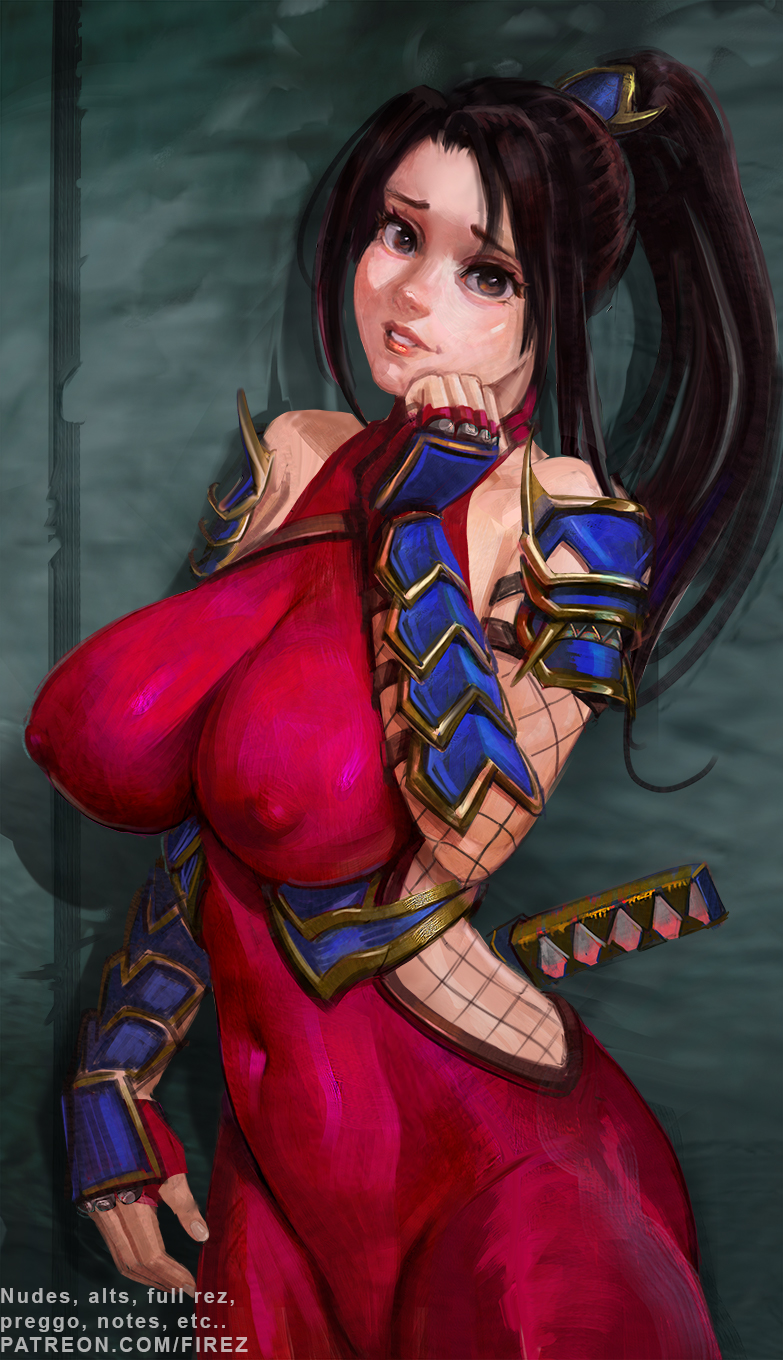 1girls, big breasts, breasts, erect nipples, female, female only, firez, fishnets, light skin, light-skinned female, looking at viewer, namco, navel, ninja, nipples, nipples visible through clothing, painting (artwork), skin tight, soul calibur, taki (soulcalibur)