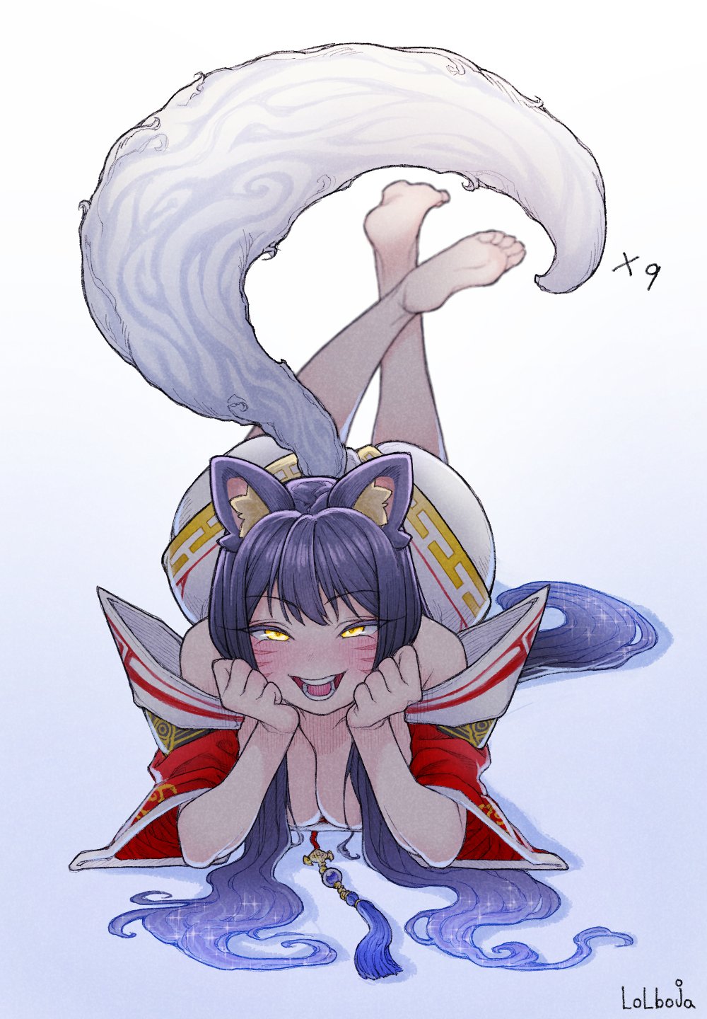 1girls, ahri, ass, ass visible from the front, big ass, big breasts, black hair, blush, breasts, cleavage, eyebrows visible through hair, eyes visible through hair, feet, feet up, female, female focus, female only, fluffy, fluffy ears, fox ears, fox girl, fox tail, laying down, laying on stomach, league of legends, lolboja, long hair, riot games, seductive smile, simple background, smile, soles, thick ass, white background, yellow eyes