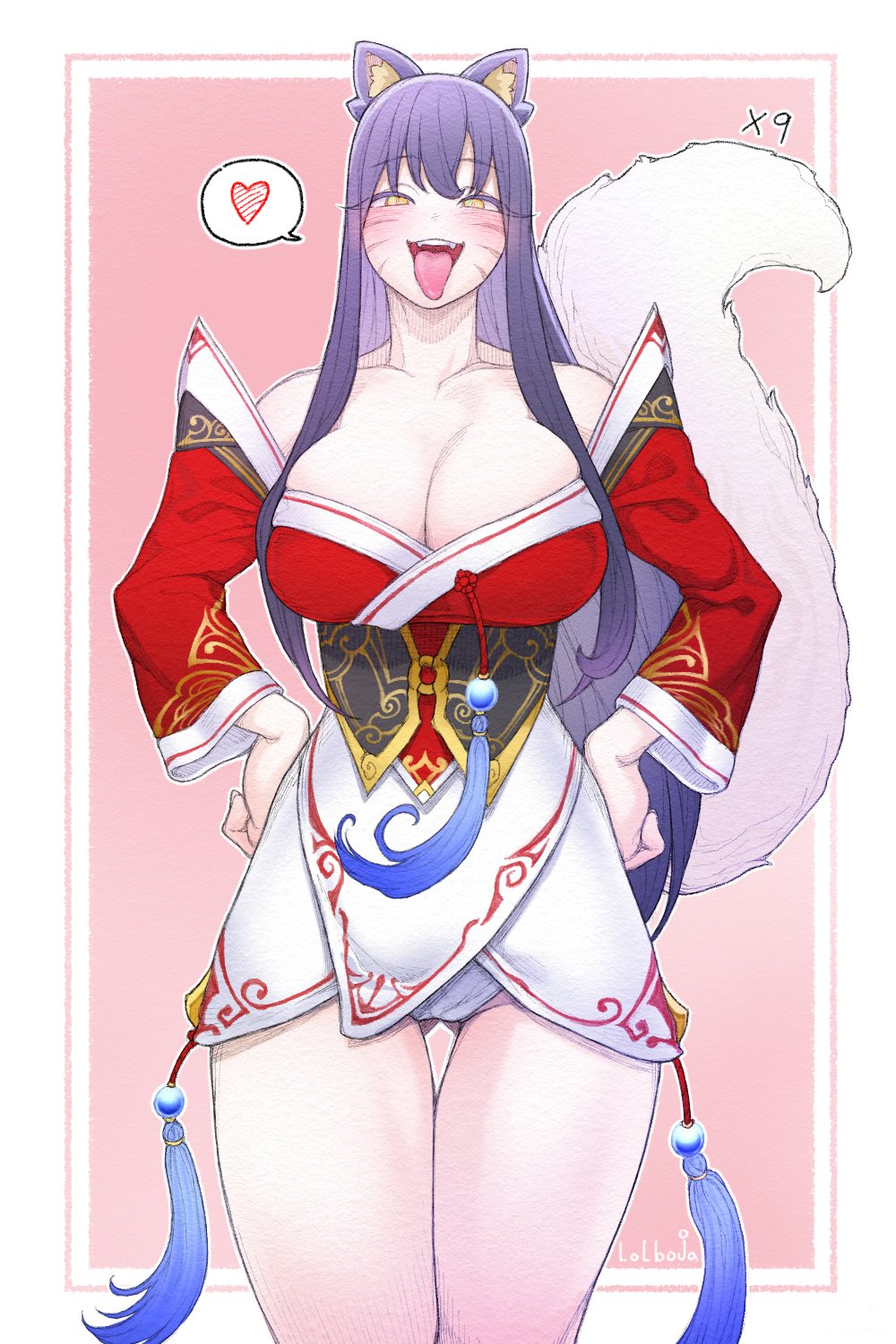 1girls ahri big_breasts black_hair blush cleavage eyebrows_visible_through_hair eyes_visible_through_hair female female_only fox_ears fox_girl fox_tail heart horny_female hourglass_figure league_of_legends lolboja looking_at_viewer riot_games sex_request simple_background solo spoken_heart tall_female thick_thighs thin_waist yellow_eyes