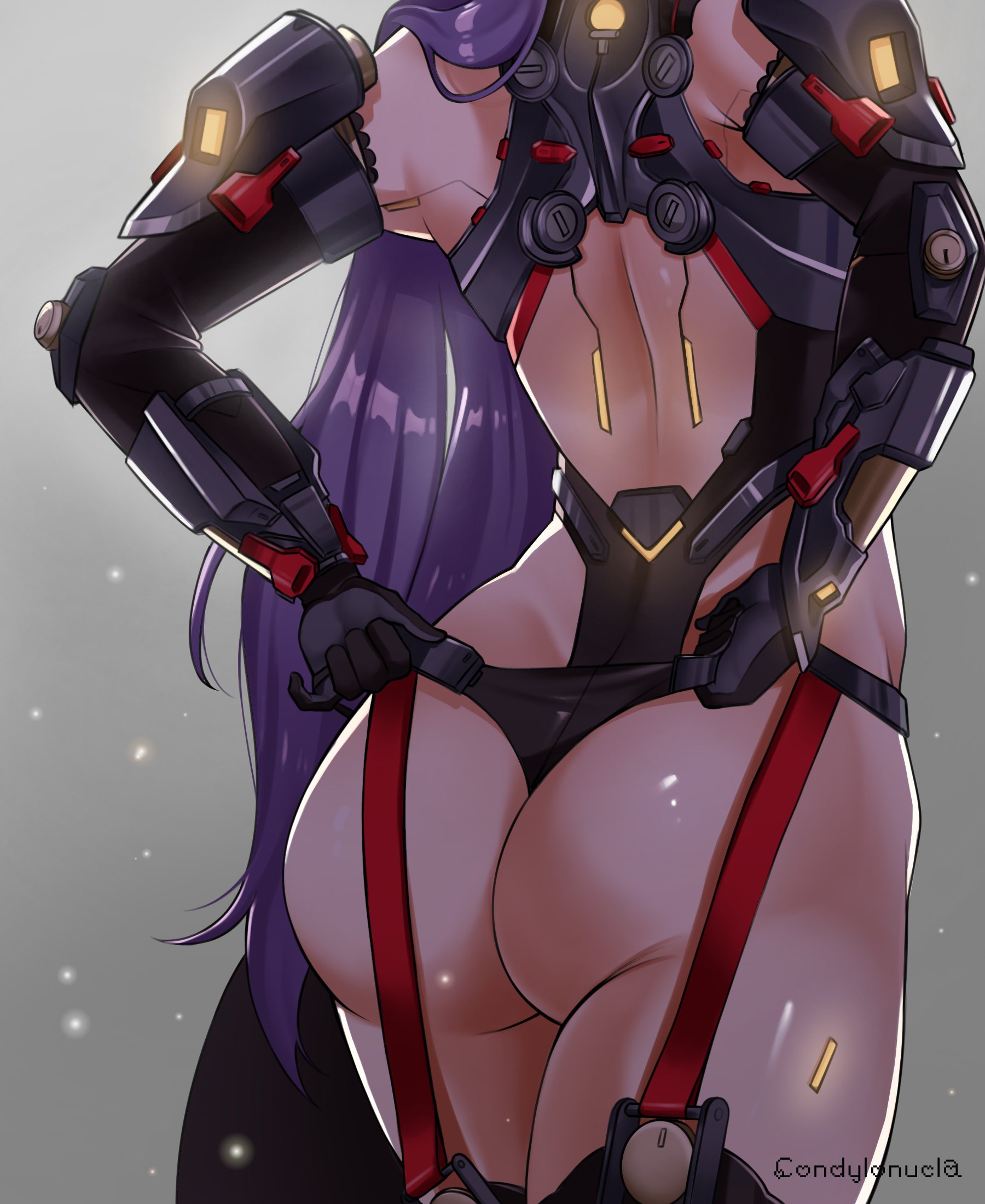1girls, 2021, adjusting clothes, artist signature, ass, ass focus, back, back view, backless outfit, black clothing, black panties, bubble ass, bubble butt, condylonucla, female, female focus, female only, gloves, hips, large ass, long hair, nintendo, panties, poppi (xenoblade), poppi qtpi (xenoblade), purple hair, reaching back, robot, robot girl, simple background, slim waist, solo, thick thighs, thighhighs, thighs, very long hair, wedgie, wide hips, xenoblade (series), xenoblade chronicles 2