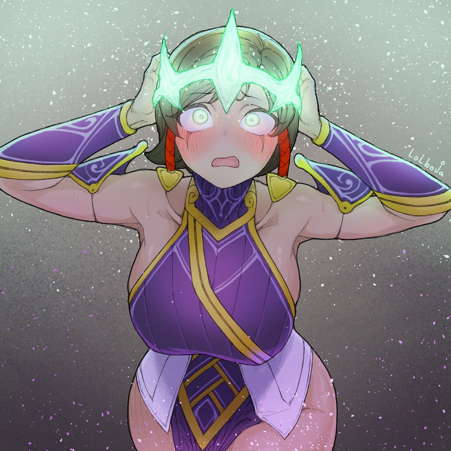 1girls, 2021, big breasts, blush, breasts, brown hair, corruption, eyebrows visible through hair, female, female focus, female only, green eyes, hands on head, hourglass figure, karma (league of legends), league of legends, lolboja, riot games, ruined king symbol, scared, sideboob, simple background, sweat, the ruined king saga, thick thighs