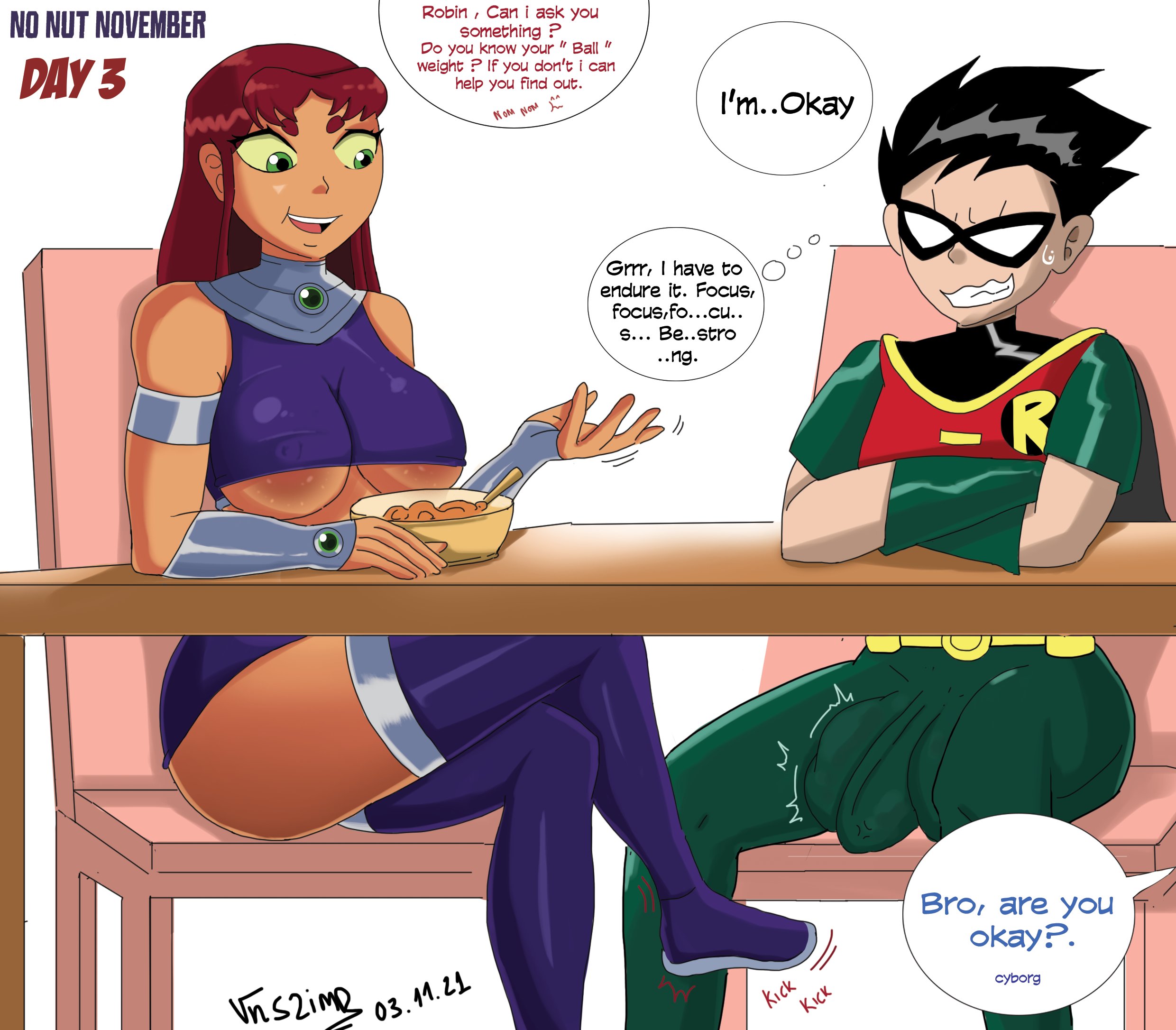 1boy, 1girls, 2021, alien girl, areola slip, balls, big balls, big breasts, big penis, black hair, breasts, breasts out, broken english, bulge, bulge through clothing, chair, clenched teeth, comic, crop top, crossed arms, crossed legs, dated, dc, dc comics, dialogue, dialogue bubble, dick grayson, eating, english text, female, green sclera, green text, hetero, huge balls, koriand'r, long hair, male, motion lines, no nut november, orange skin, orgasm denial, page 3, penis, robin (dc), robin (dick grayson), simple background, sitting, speech bubble, spiked hair, starfire, sweat, sweatdrop, table, tease, teasing, teen titans, thought bubble, underboob, vn simp, white background