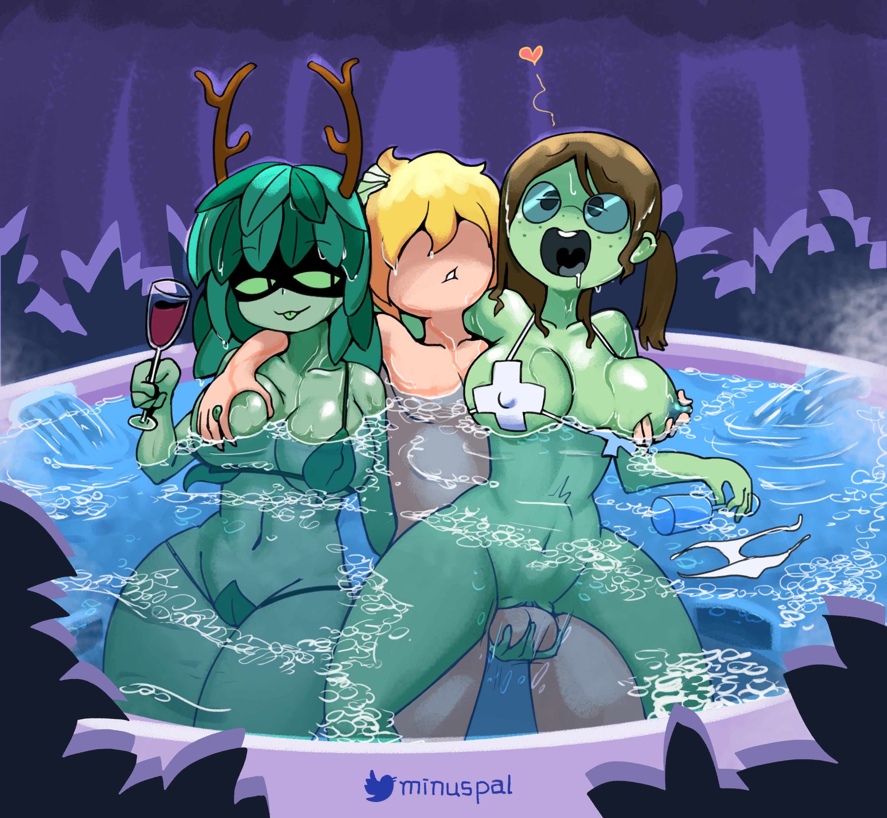 1boy, 2girls, adventure time, antlers, balls, bikini top, blonde hair, breast grab, breasts, brown hair, cartoon network, doctor princess, double breast grab, drink, drinking glass, female, finn the human, fondling, fondling balls, glasses, green skin, groping, hot tub, huntress wizard, leaf hair, male, mask, minus8, multiple females, multiple girls, night, penetration, pussy, reverse cowgirl position, sex, stomach bulge, straight, testicles, vaginal penetration
