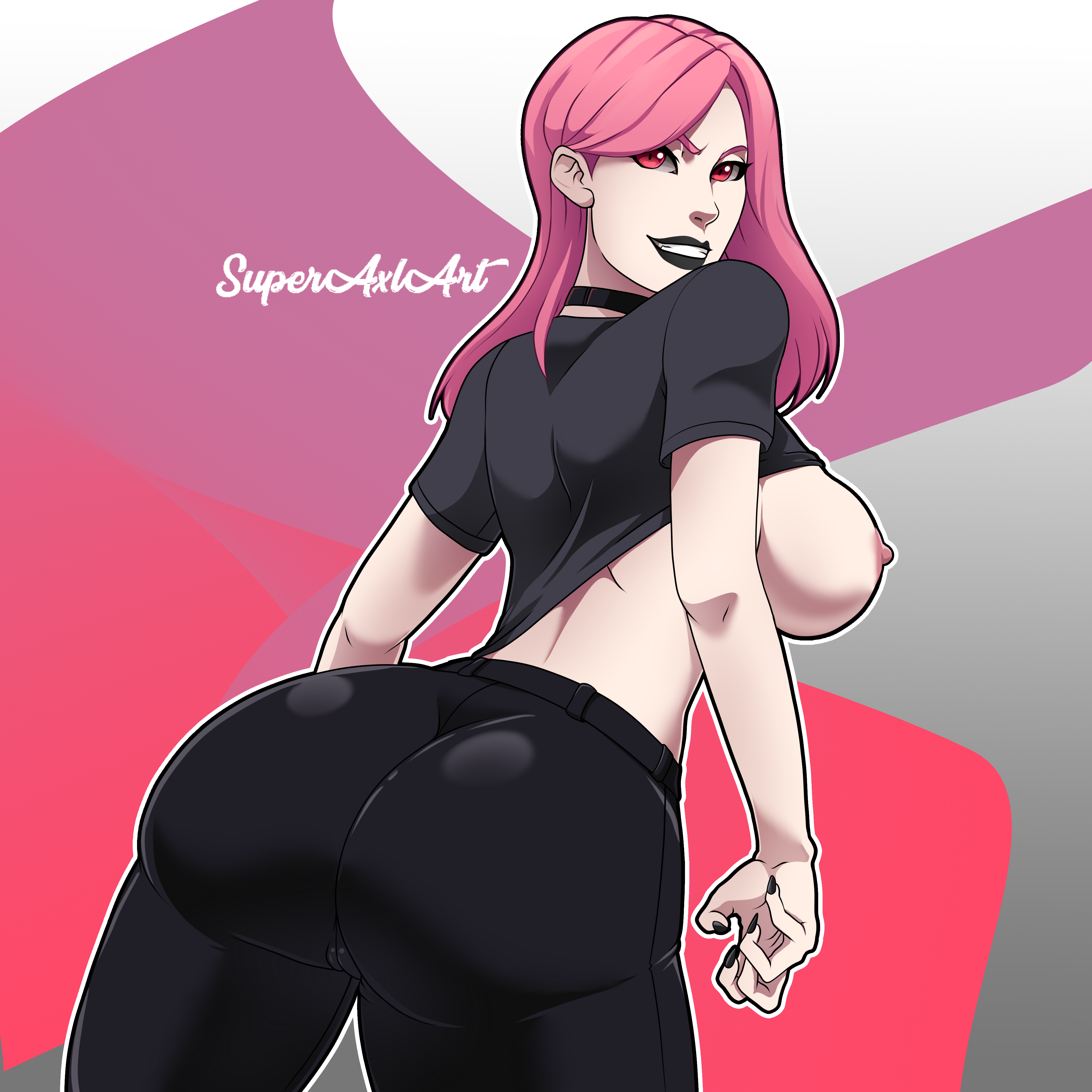 1girls, ass, big ass, big breasts, black collar, black legwear, black lipstick, black nails, black topwear, breasts, breasts out, cameltoe, collar, drawing, eyebrows, eyelashes, eyeshadow, female, female only, fortnite, fortnite: battle royale, haze (fortnite), human, legwear, light skin, light-skinned female, lipstick, long hair, looking at viewer, nail polish, nipples, pale skin, pale-skinned female, pink eyes, pink hair, posing, pussy, smiling, solo, solo female, standing, superaxlart, teasing, tight pants, topwear