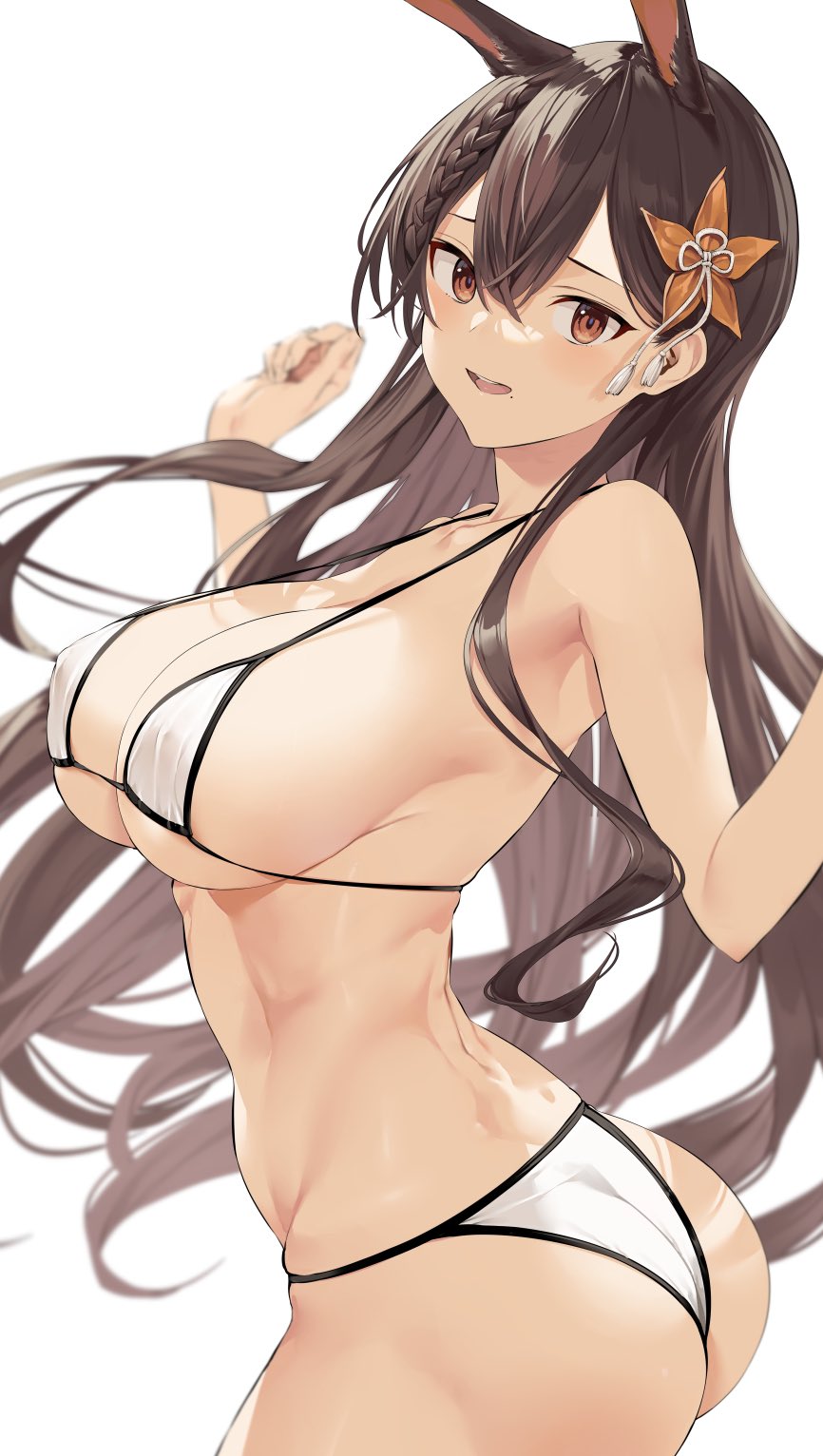 1girls ass azur_lane bangs big_ass big_breasts bikini brown_eyes brown_hair bunny_ears bunny_girl chikuma_(azur_lane) hair_flower hair_ornament hiiragi_yuuichi kemonomimi light_skin long_hair looking_at_viewer nipple_bulge open_mouth shiny_skin smile solo white_background