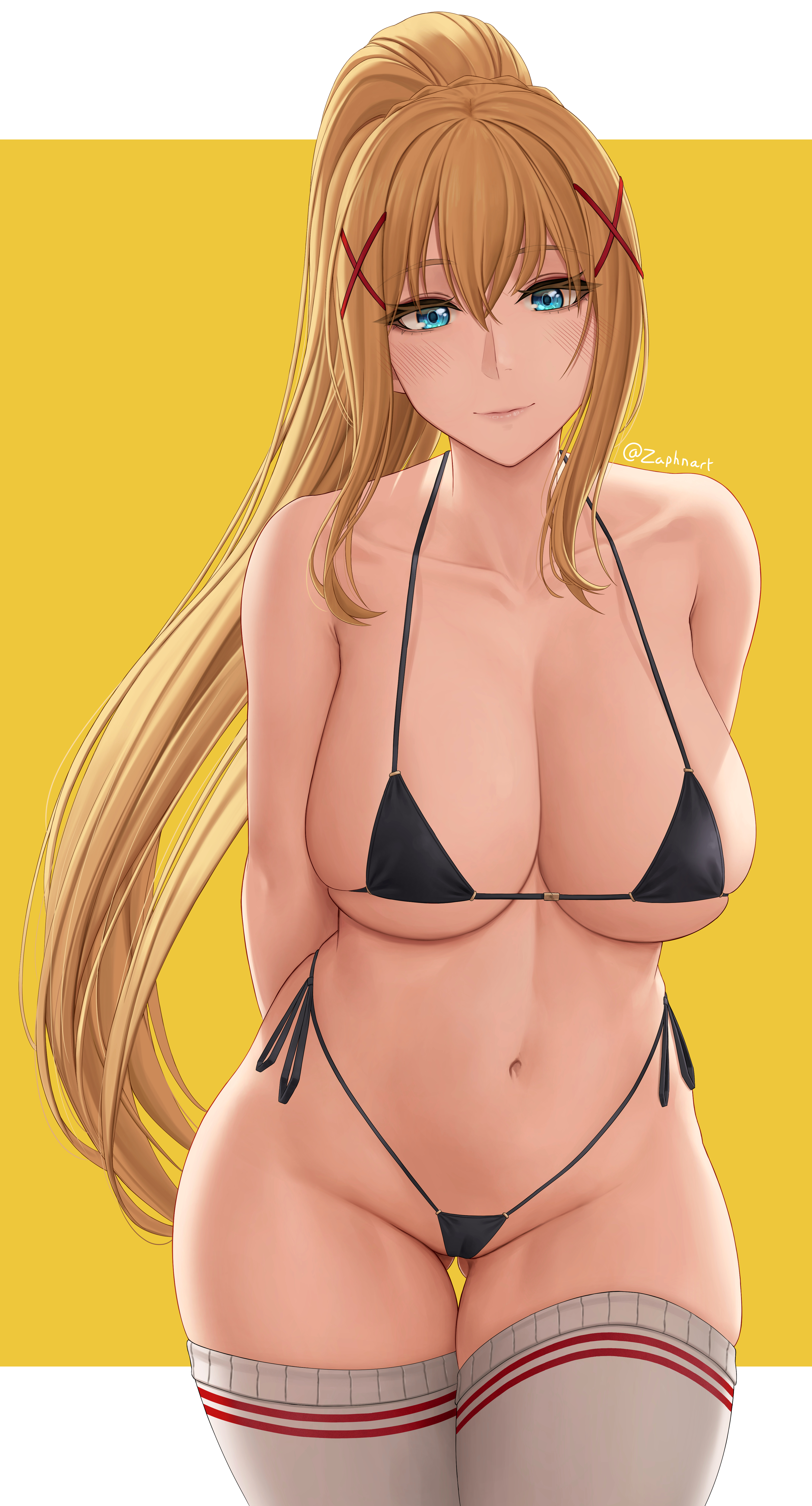 1girls, aqua eyes, archway of venus, arms behind back, bangs, bare shoulders, belly, belly button, big breasts, bikini, black bikini, black swimsuit, blonde hair, blue eyes, blunt bangs, blush, border, breasts, cameltoe, cleavage, closed mouth, cowboy shot, curvaceous, curvy, curvy figure, cute, darkness (konosuba), dirty blonde, dirty blonde hair, double v, eye contact, eyebrows visible through hair, eyelashes, female, female only, gluteal fold, hair between eyes, hair ornament, hi res, high ponytail, highleg, highleg bikini, highleg swimsuit, highres, hourglass figure, huge breasts, image, kono subarashii sekai ni shukufuku wo!, large breasts, light skin, light-skinned female, long hair, looking at viewer, micro bikini, navel, pink lips, pose, posing, pussy, revealing clothes, sandy blonde, sandy blonde hair, side-tie bikini, sideboob, sidelocks, simple background, sling bikini, smirk, socks, solo, standing, string bikini, swimsuit, thick thighs, thigh gap, thighhighs, thighs, tied hair, underboob, v, very long hair, white border, white legwear, wide eyed, wide hips, x hair ornament, yellow background, zaphn