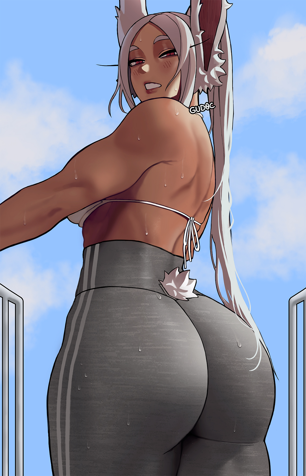 1girls, ass, ass focus, big ass, big breasts, big butt, breasts, bunny ears, bunny tail, dark skin, dark-skinned female, eye contact, female, gud0c, large ass, leggings, long hair, looking at viewer, miruko, my hero academia, red eyes, rumi usagiyama, solo, standing, thick thighs, thighs, tight clothing, tight pants, white hair, white-haired female, workout clothes, yoga pants