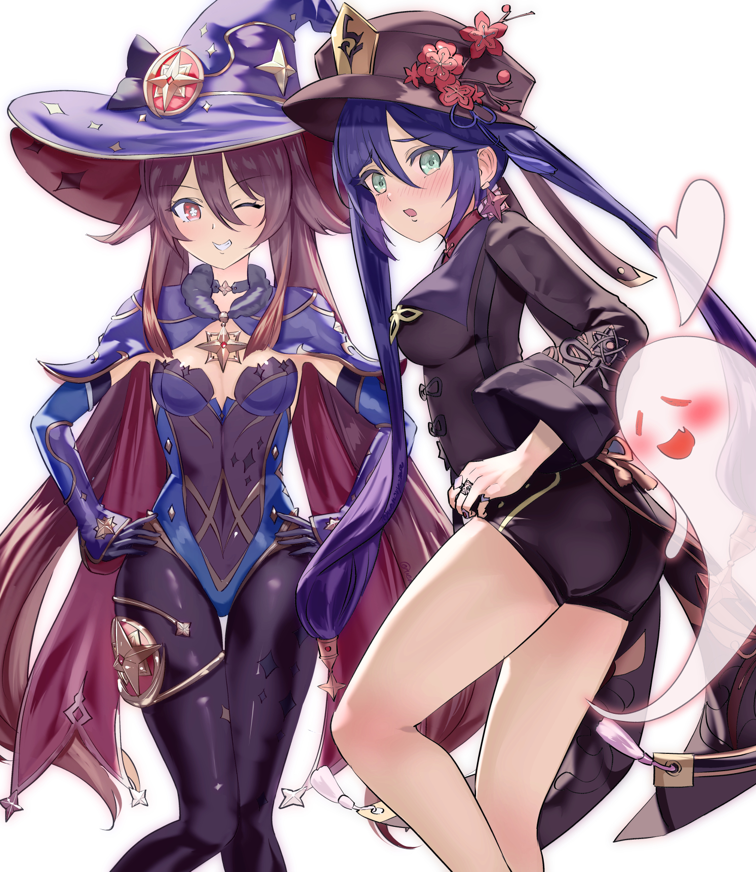 2girls, ass, blush, breasts, clothing, coat, cosplay, costume switch, female, female only, genshin impact, ghost, heart, hi res, highres, hu tao (genshin impact), human, leotard, looking at viewer, mona (genshin impact), pantyhose, shorts, small breasts, smile, uenoryoma, wink, witch hat