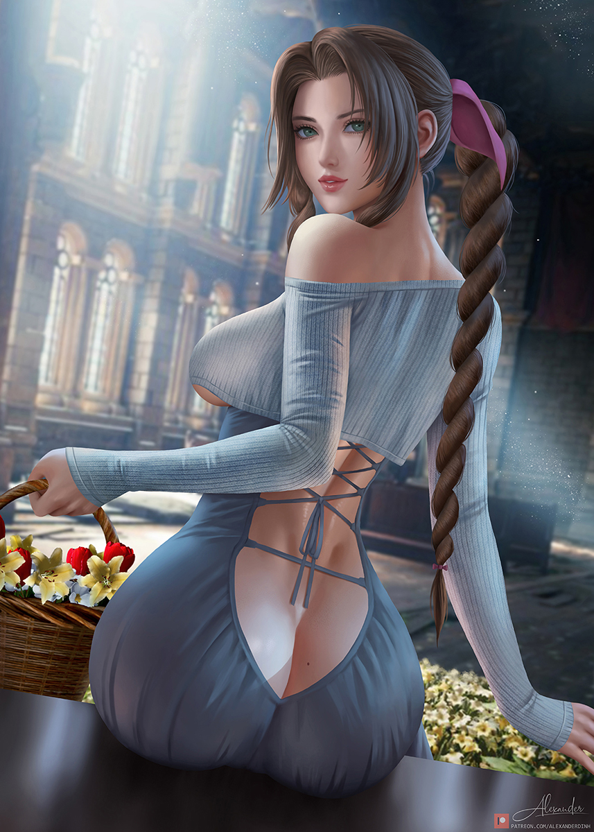 1girls, 2021, aerith gainsborough, alexander dinh, artist signature, ass, ass cleavage, ass crack, ass focus, basket, bow in hair, braided hair, breasts, brown hair, butt crack, cosplay, female, female focus, female only, final fantasy, final fantasy vii, final fantasy vii remake, flowers, green eyes, guitar little sister (hitomi o) (cosplay), hips, holding object, indoors, large ass, large breasts, long hair, long sleeves, looking at viewer, looking back, looking over shoulder, sideboob, slim waist, smile, square enix, tight clothing, underboob, wide hips