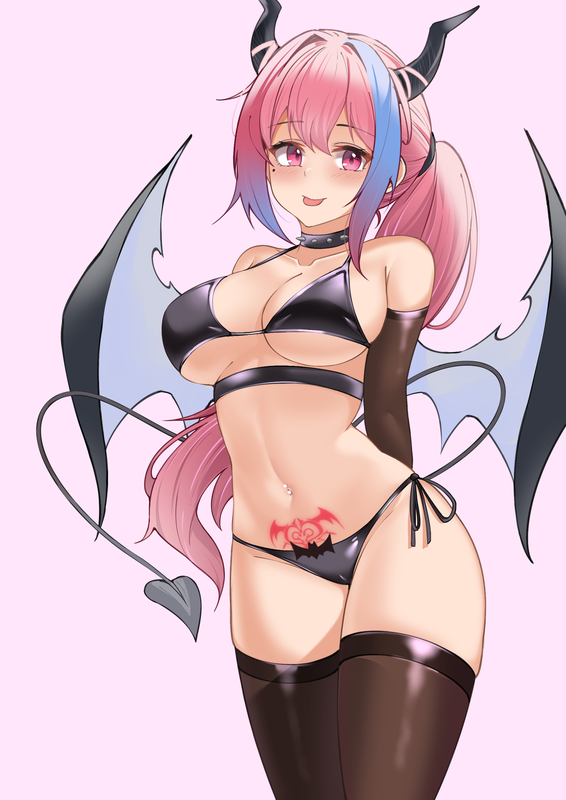 :p, 1girls, absurdres, arms behind back, bangs, bikini, black bikini, black wings, blue hair, breasts, brown gloves, brown legwear, cameltoe, collar, collarbone, cowboy shot, demon, demon girl, demon horns, demon tail, demon wings, english commentary, female, gloves, gradient hair, hair intakes, hair on horn, halloween, halloween costume, highres, horns, large breasts, long hair, looking at viewer, mole, mole under eye, multicolored hair, navel piercing, original, parfait ehmy, parfy (parfait ehmy), piercing, pink eyes, pink hair, ponytail, pubic tattoo, purple background, purple hair, pussy, side-tie bikini, skindentation, solo, spiked collar, spikes, stomach tattoo, streaked hair, string bikini, succubus, succubus horns, succubus tail, succubus tattoo, succubus wings, swimsuit, tail, tattoo, thighhighs, tongue, tongue out, underboob, very long hair, wings