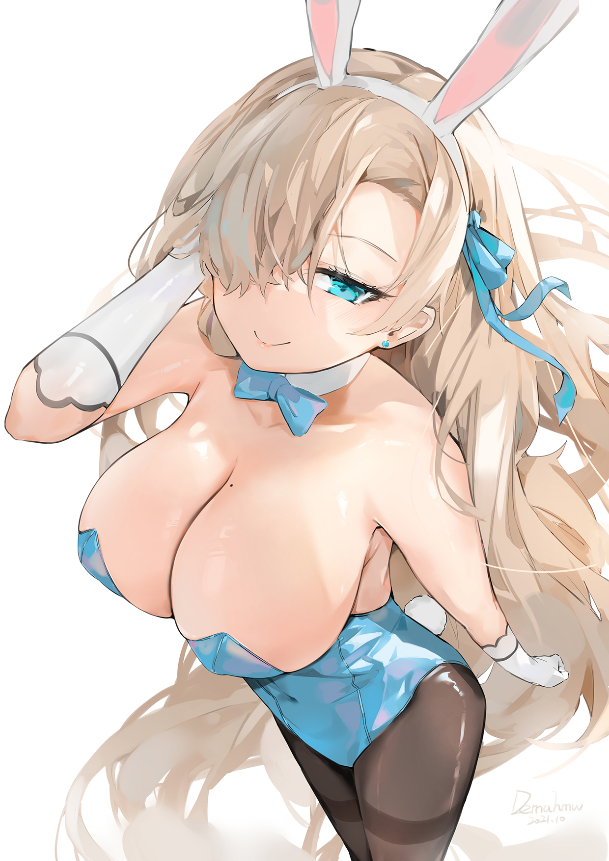 1girls, 2021, animal ears, arm behind head, asuna (blue archive), asuna (bunny) (blue archive), bangs, bare shoulders, blue archive, blue eyes, blue leotard, blush, breasts, brown legwear, cleavage, dema hmw, detached collar, elbow gloves, fake animal ears, female, female focus, female only, gloves, hair over one eye, highleg, highleg leotard, highres, large breasts, leotard, light brown hair, long hair, looking at viewer, mole, mole on breast, pantyhose, playboy bunny, rabbit ears, rabbit tail, smile, solo, solo female, tail, thighs, white gloves
