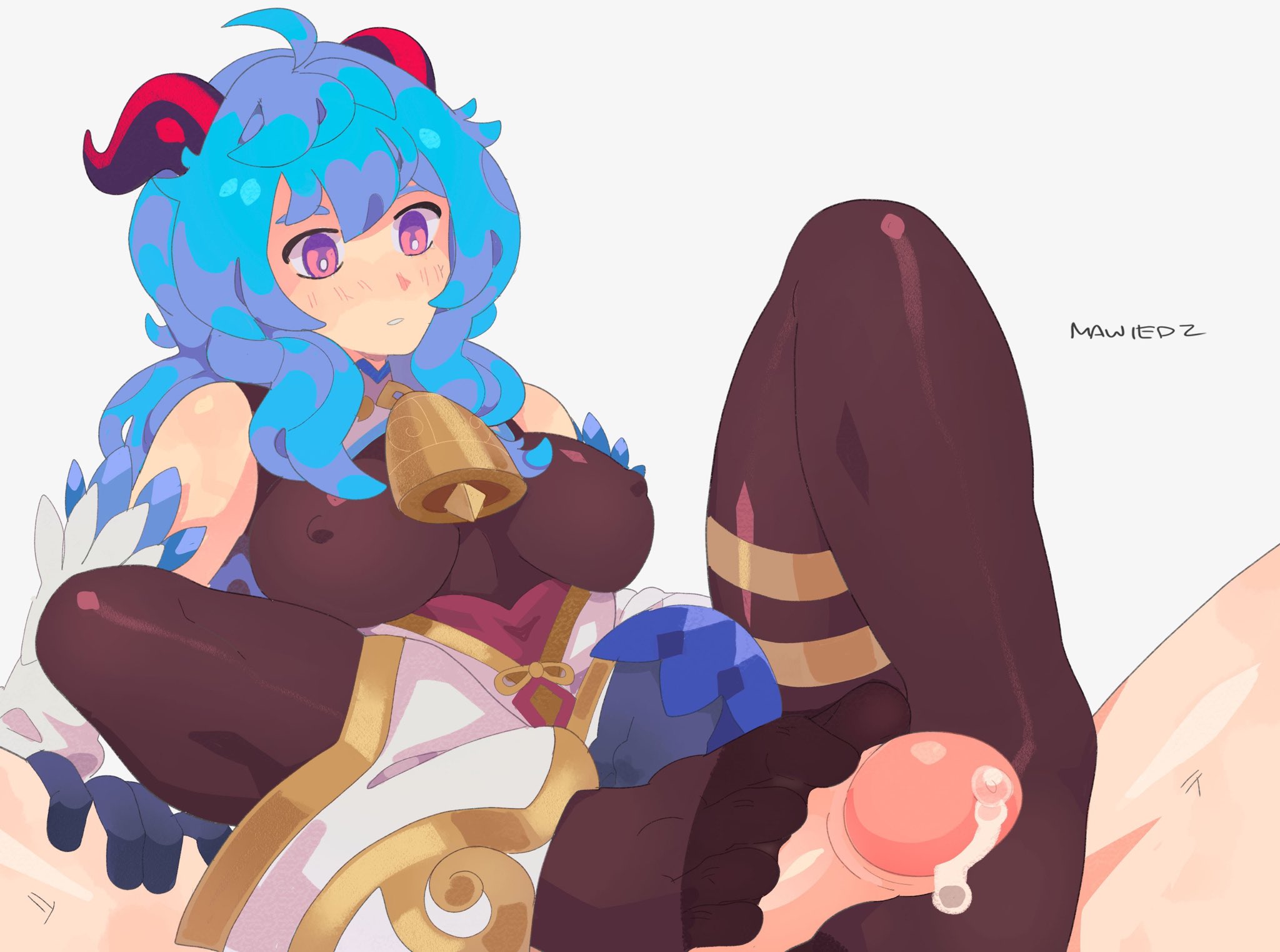 1boy, 1girls, blue hair, blush, clothed female nude male, faceless male, feet, female, foot fetish, footjob, ganyu (genshin impact), genshin impact, horns, male, mawiedz, precum