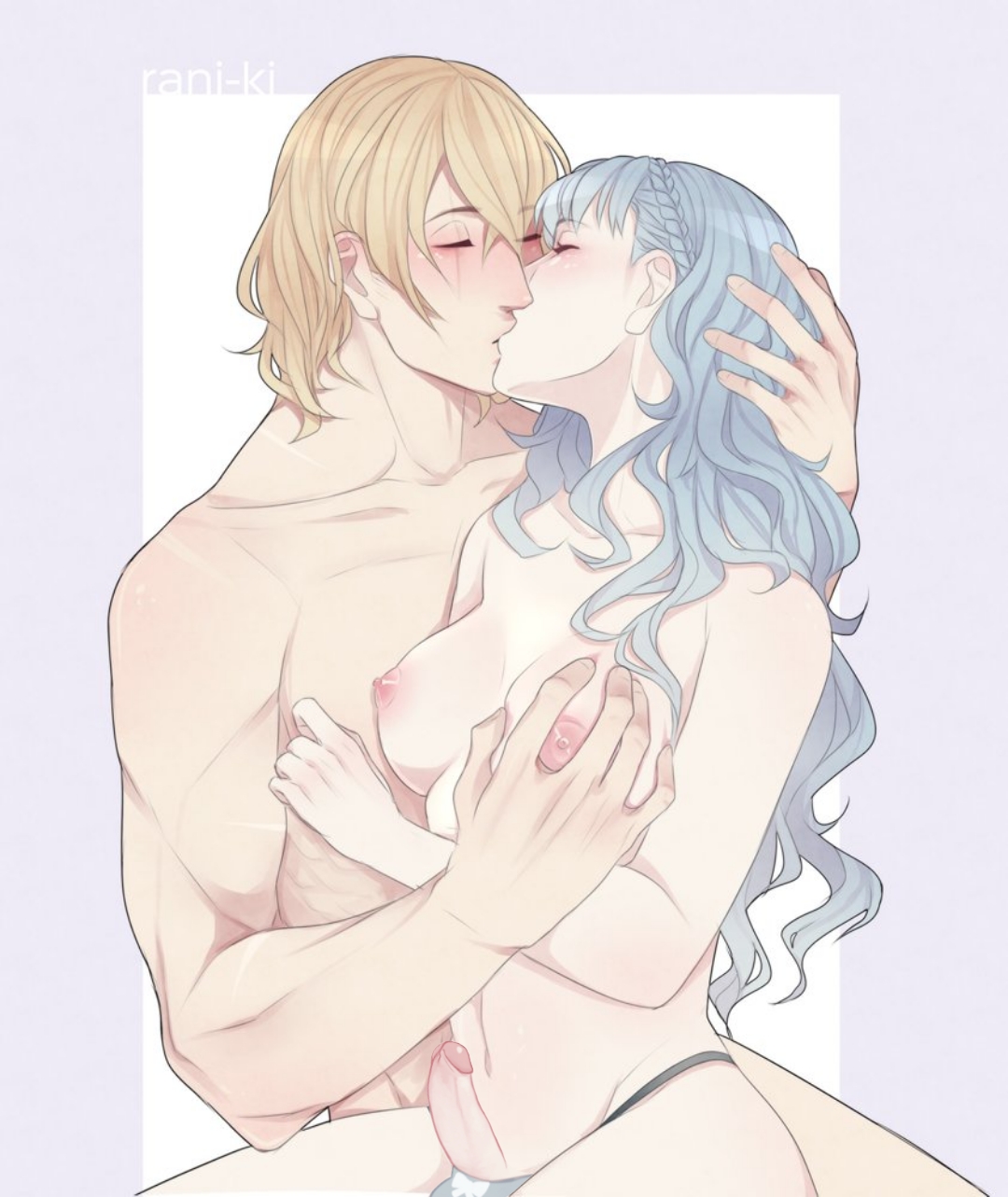 1boy, 1futa, areolae, bare shoulders, black panties, blue hair, breast grab, breasts, closed eyes, dimitri alexandre blaiddyd, duo, edit, erect nipples, erection, fire emblem, fire emblem: three houses, futa with male, futanari, grabbing, human, intersex, kissing, light skin, light-skinned futa, light-skinned male, long hair, male, marianne von edmund, medium breasts, nintendo, nipples, no bra, nude, pale skin, passionate kiss, penis, post-timeskip, rani ki, wholesome