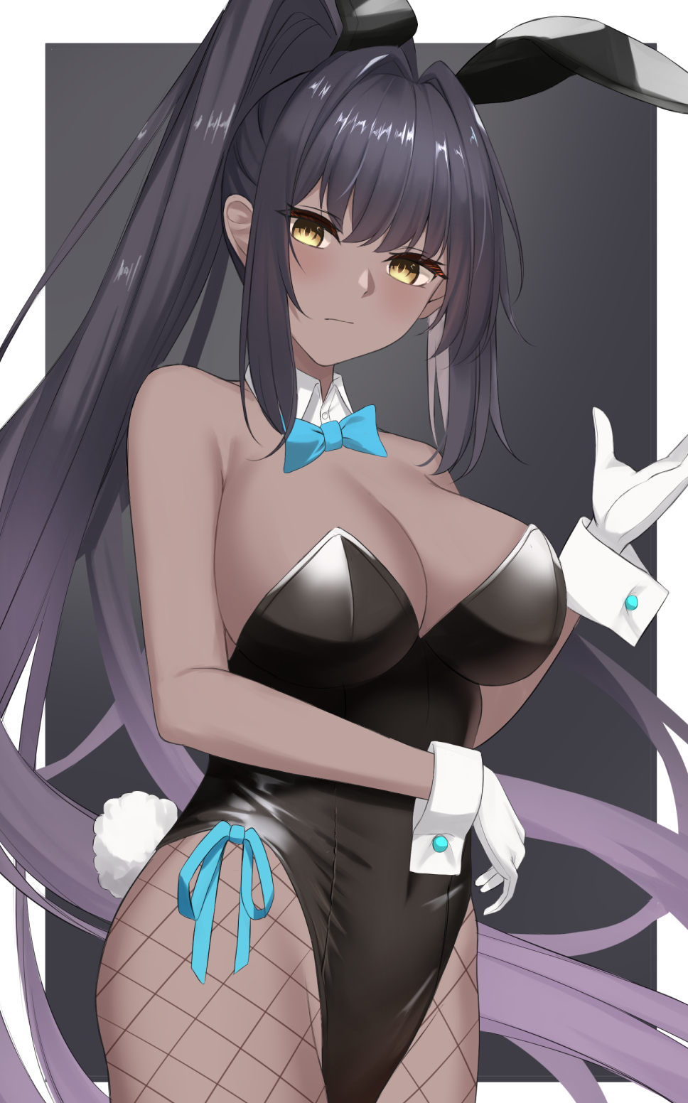 1girls, 2021, animal ears, bangs, bare shoulders, black hair, black leotard, blue archive, blush, breasts, cleavage, commentary, dark skin, dark-skinned female, detached collar, fake animal ears, female, female focus, female only, fishnet legwear, fishnets, gaitoou, gloves, highleg, highleg leotard, highres, karin (blue archive), karin (bunny) (blue archive), large breasts, leotard, long hair, looking at viewer, pantyhose, playboy bunny, ponytail, rabbit ears, sidelocks, solo, solo female, thighs, white gloves, yellow eyes