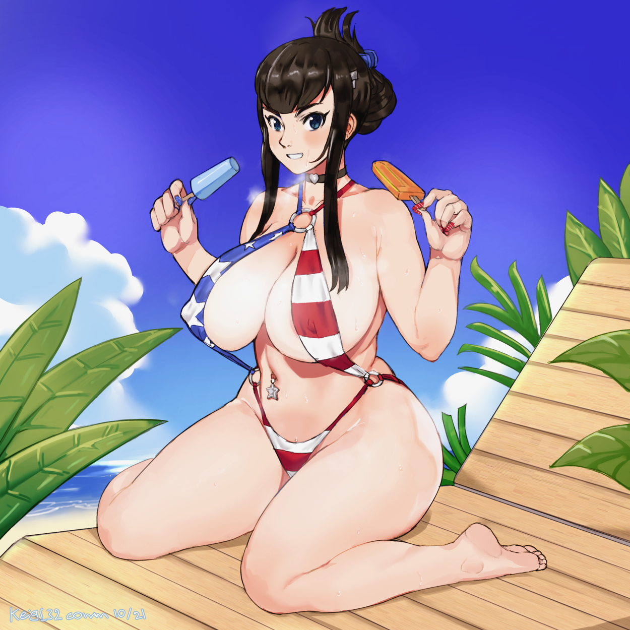 1girls, alternate hairstyle, american flag bikini, barefoot, blue eyes, breasts, choker, cleavage, clothed, covered nipples, female, female only, fingernails, folded ponytail, full body, huge breasts, keigi (artist), kill la kill, kiryuuin satsuki, looking at viewer, navel, navel piercing, o-ring, o-ring bikini, phallic symbol, plump, popsicle, red fingernails, thick thighs, wariza
