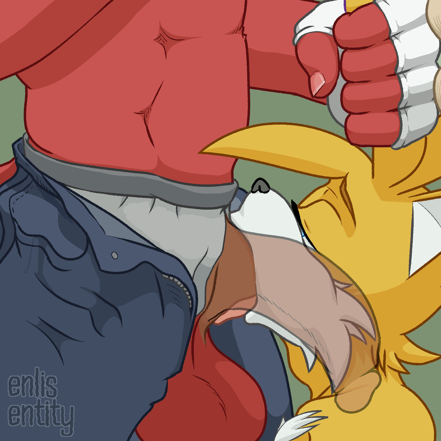 1:1, anthro, artolius, balls, blowjob, bottomwear, boxers (clothing), canid, canine, clothed, clothing, deep throat, denim, denim clothing, digital media (artwork), duo, echidna, enlisentity, fellatio, fox, genitals, gloves, hair, hair grab, handwear, hi res, internal, jeans, knuckles the echidna, male, male only, male penetrating, male/male, mammal, monotreme, oral, oral penetration, pants, penetration, penile, penis, penis in mouth, sega, sex, simple background, sonic (series), sonic the hedgehog (series), sucking, sucking penis, tails, tails the fox, tongue, tongue out, tongue out blowjob, touching hair, underwear