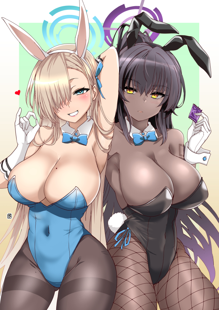 2girls animal_ears aoi_manabu arm_up armpits ass_visible_through_thighs asuna_(blue_archive) asuna_(bunny)_(blue_archive) bangs bare_shoulders black_hair black_legwear black_leotard blue_archive blue_bow blue_bowtie blue_eyes blue_leotard blush bow bowtie breasts cleavage condom condom_wrapper covered_navel dark-skinned_female dark_skin detached_collar eyebrows_visible_through_hair fishnet_legwear fishnets gloves hair_over_one_eye halo heart karin_(blue_archive) karin_(bunny)_(blue_archive) large_breasts leotard lips long_hair looking_at_viewer mole mole_on_breast multiple_girls pantyhose playboy_bunny rabbit_ears rabbit_tail smile strapless strapless_leotard tail thighband_pantyhose very_long_hair white_gloves wrist_cuffs yellow_eyes