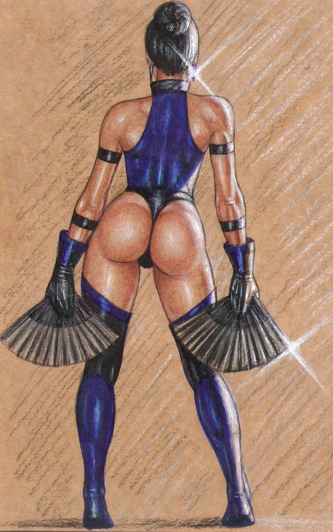 1girls, 2d, armlet, ass, black hair, bracelet, bubble ass, bubble butt, earrings, edithemad, female, female focus, female only, full body, gloves, kitana, leotard, long hair, midway, midway games, mortal kombat, netherrealm studios, pose, posing, rear view, solo, standing, tagme, thigh boots, thong leotard, tied hair