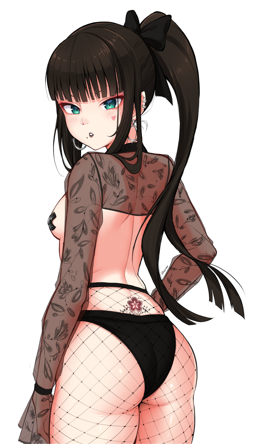 1girls, absurdres, ass, back tattoo, bangs, black hair, black lips, black panties, black pasties, blunt bangs, breasts, commentary, earrings, english commentary, facial mark, female, fishnet legwear, fishnets, from behind, green eyes, higher resolution available, highres, hime cut, hoop earrings, jewelry, kurosawa dia, lipstick, love live!, love live! sunshine!!, makeup, medium breasts, mole, mole under mouth, panties, pasties, ponytail, solo, solo female, tattoo, tramp stamp, underwear, unsfrau, x pasties